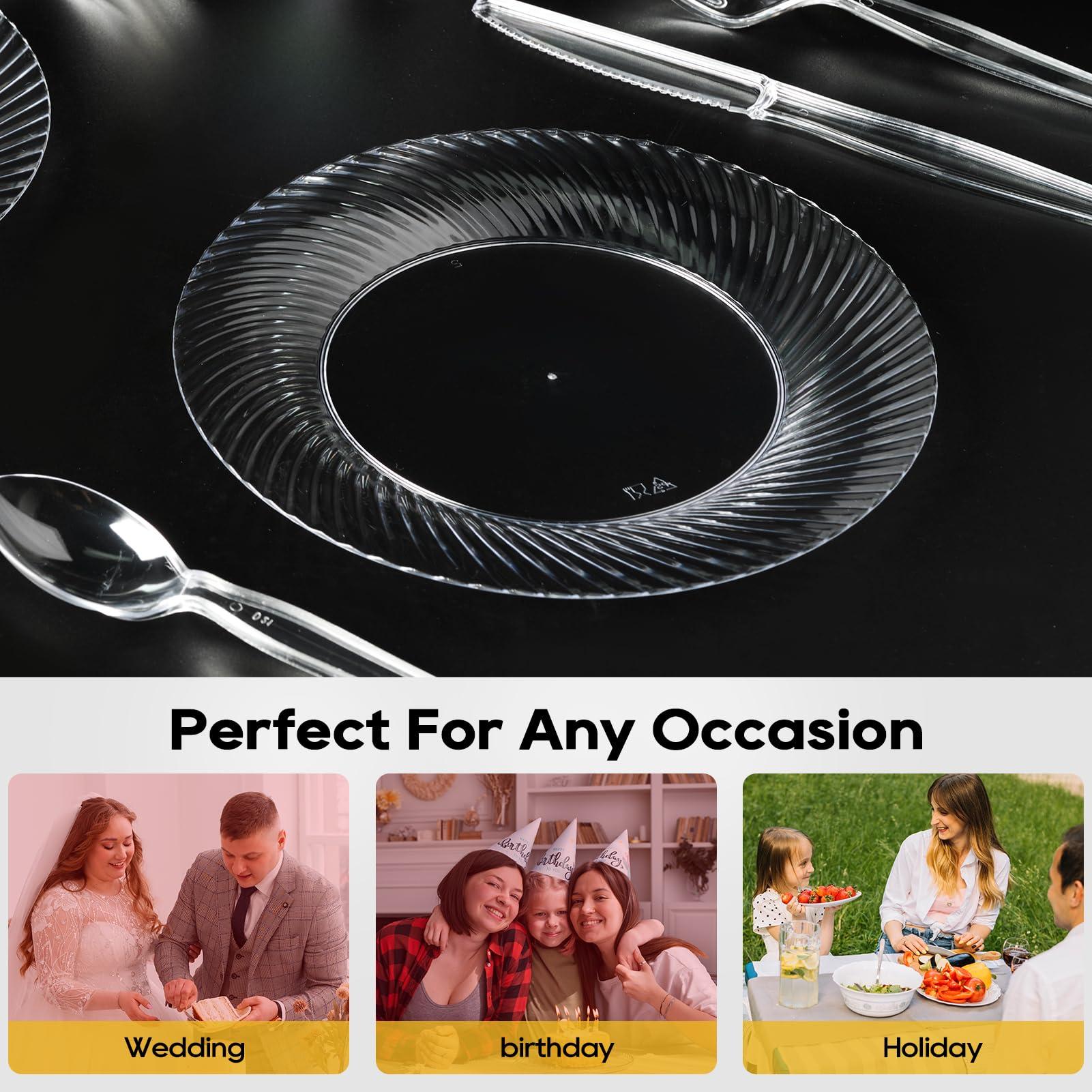 FOCUSLINE 10 Inch Clear Plastic Plates, 100 Count Disposable Heavy Duty Dinner Plates, Premium Hard Plastic for Weddings, Parties & Events - Image 7