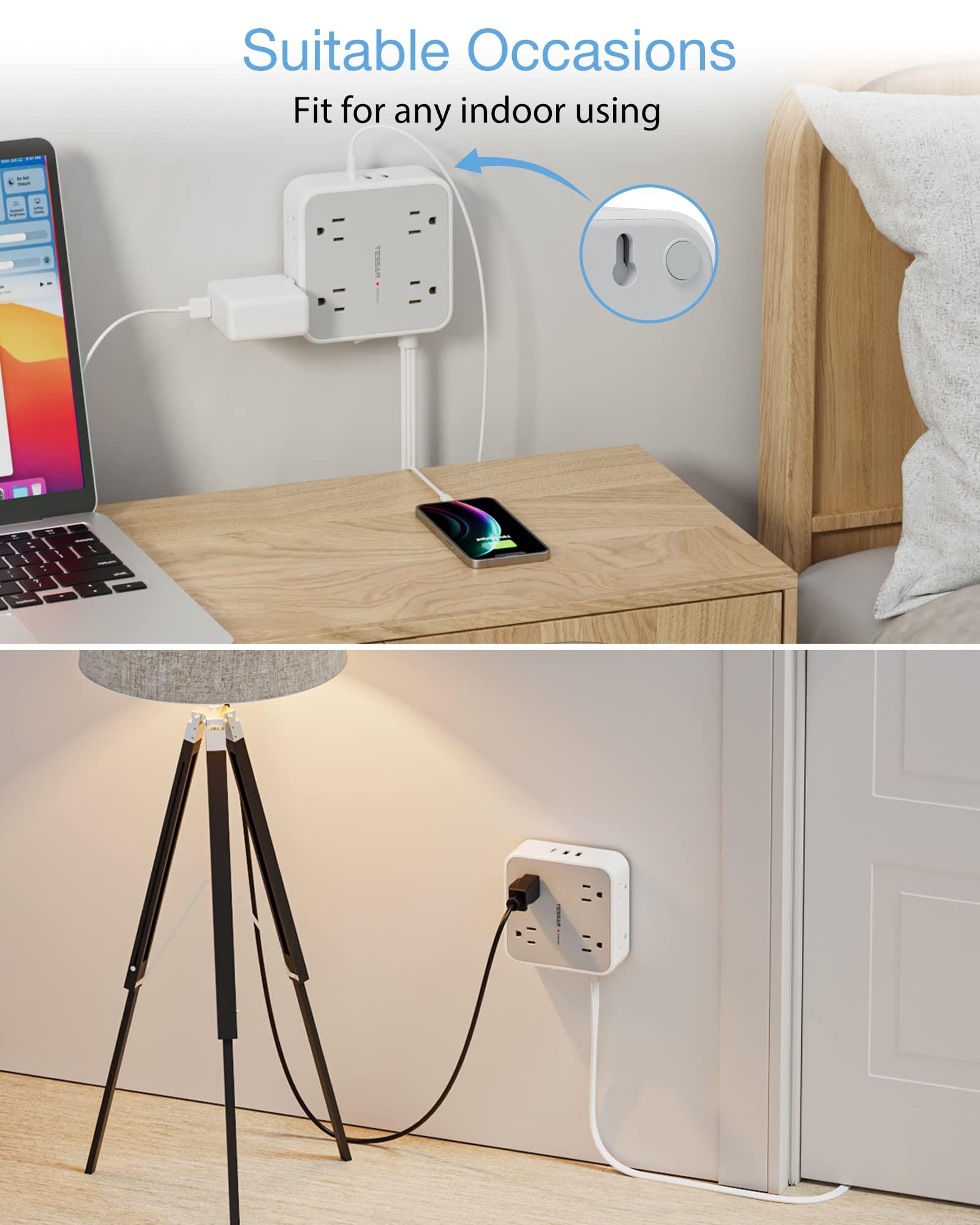 Surge Protector Flat Extension Cord Flat Plug Power Strip, 8 AC Outlets, 3 USB Charger(1 USB C Port) 3-Sided Outlet Extender, 5 Ft, 900 Joules Protection, Office Supplies, Dorm Room Essentials, Grey - Image 6