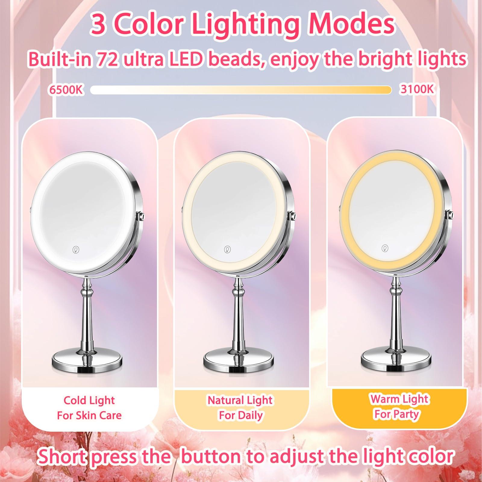 BRIGHTINWD 9" Large Lighted Makeup Mirror, 1X/10X Magnifying Mirror with Lights, 360 Rotate Touch Screen Vanity Light up Mirror with 3 Color Lights, Brightness Adjustable - Image 4