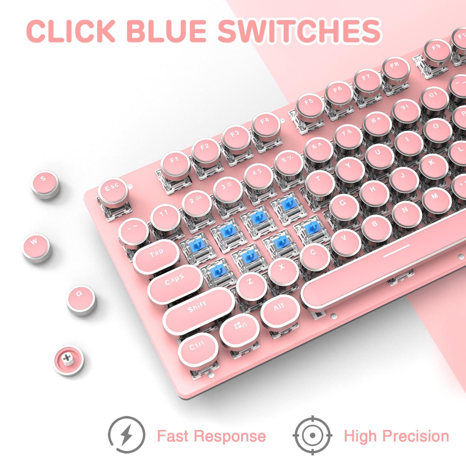 Typewriter Style Retro Wired Mechanical Gaming Keyboard, Vintage Steampunk with White LED Backlit, 104-Key Anti-Ghosting Blue Switch Cute Keyboard, Round Keycaps Knob Control for PC/Win/Mac/Laptop - Image 4