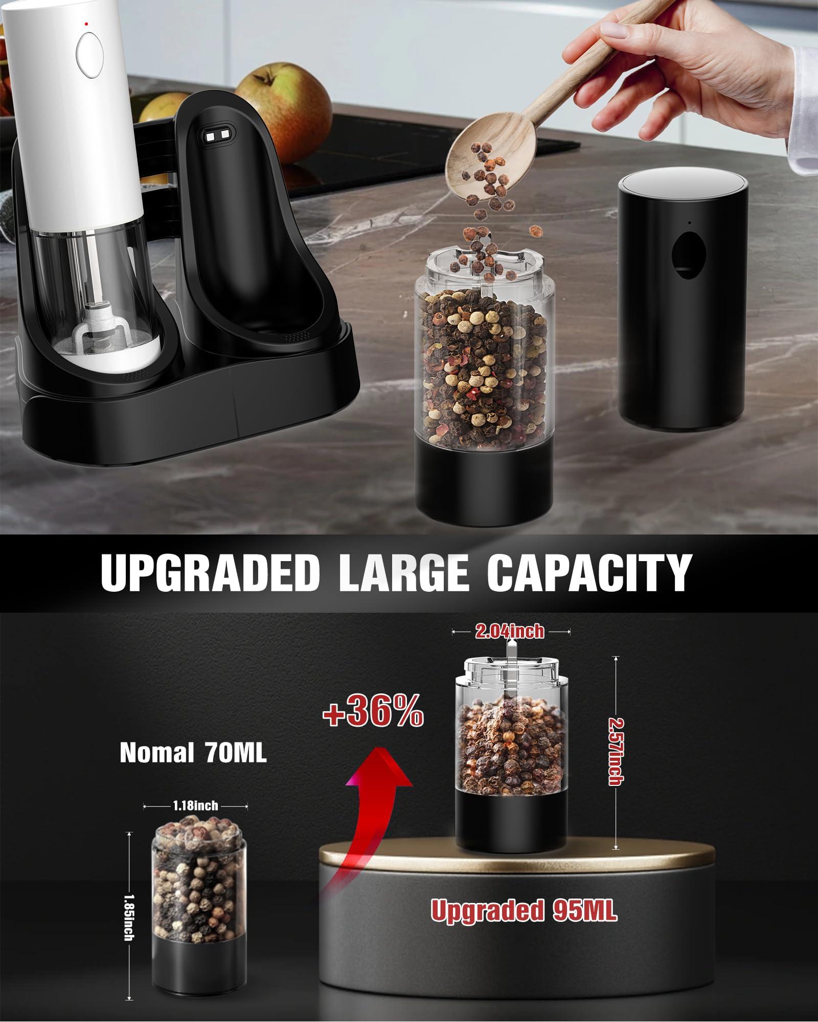 Rechargeable Salt and Pepper Grinder Set, Upgraded Larger Capacity Electric Salt and Pepper Grinder Set with USB Charging Base & White LED Light, 5-Level Adjustable, One-handed Operation, 2 pack - Image 4