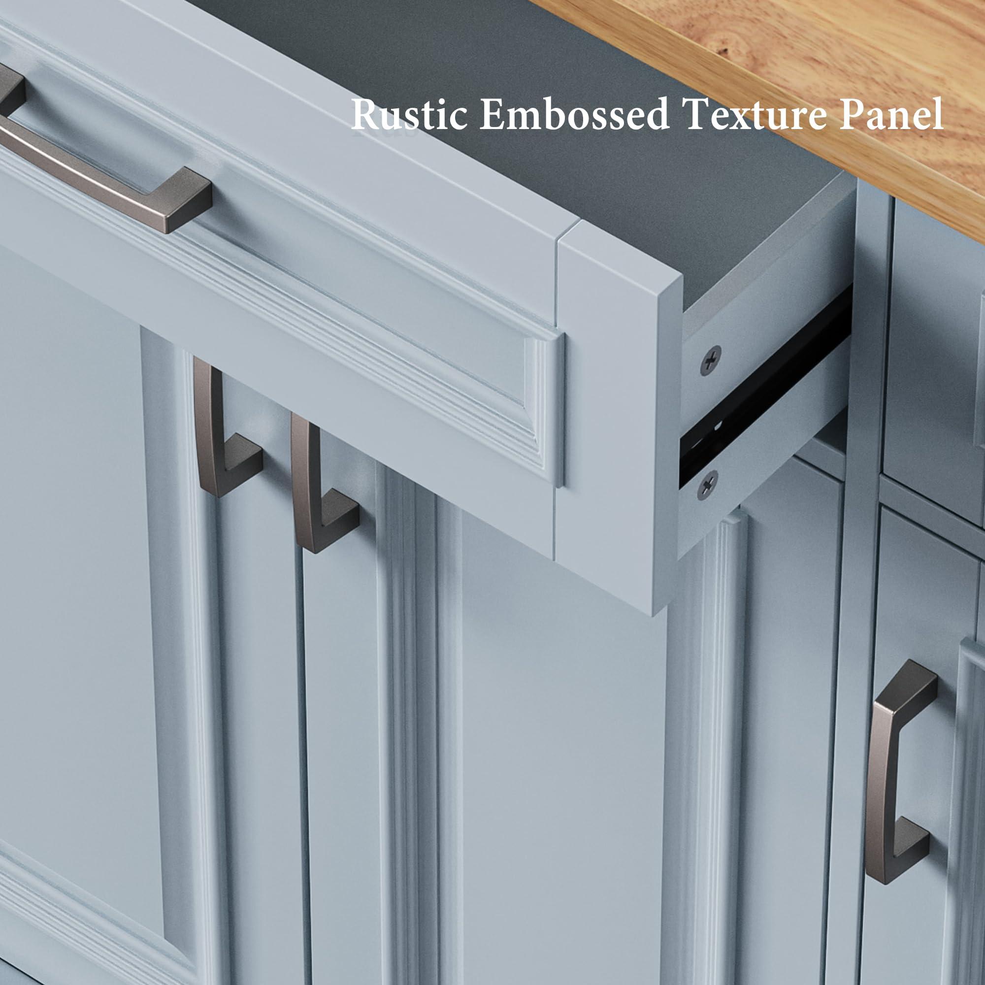 Ball & Cast Large Kitchen Island with Rubber Wood Drop Leaf,Embossed Texture Rolling Kitchen Cart On 4 Wheels W/4 Doors&3 Drawers,Mobile Kitchen Islands W/Storage for Kitchen,Dining Room,Grey Blue,54" - Image 6