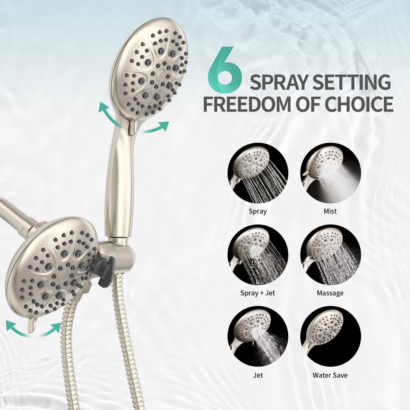 SR SUN RISE Shower System with Handheld Shower and Rain Shower Combo Set High Pressure 5-spray Dual 2 in 1 Shower Faucet Patented 3-way Diverter Brushed Nickel (Valve Include） - Image 4