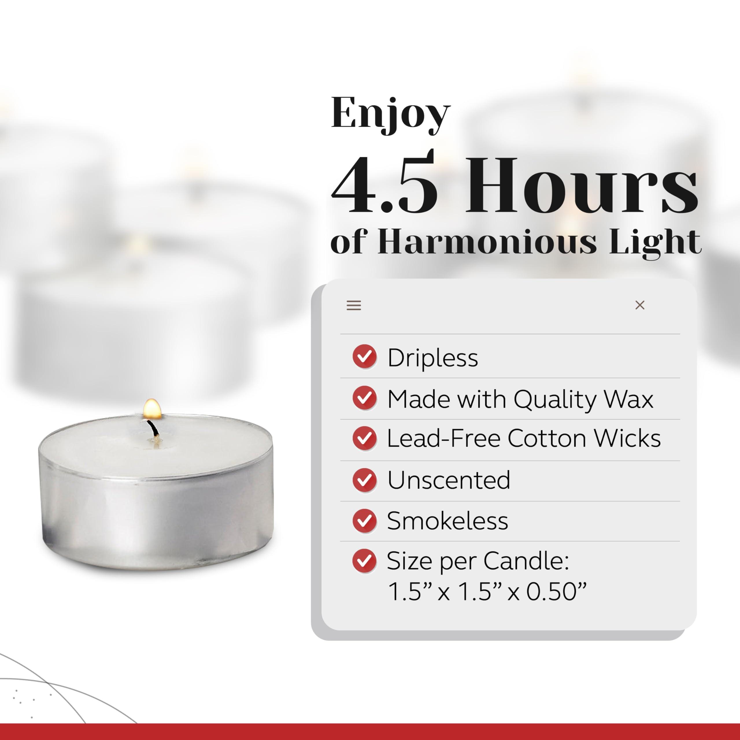 100 Pack Tealight Candles in Metal Cups - Clean, White Unscented with 4.5 Hour Long Burning Time - Votive Candles Bulk for Romantic Dinner, Weddings, Spa & Hotels by PARNOO - Image 3