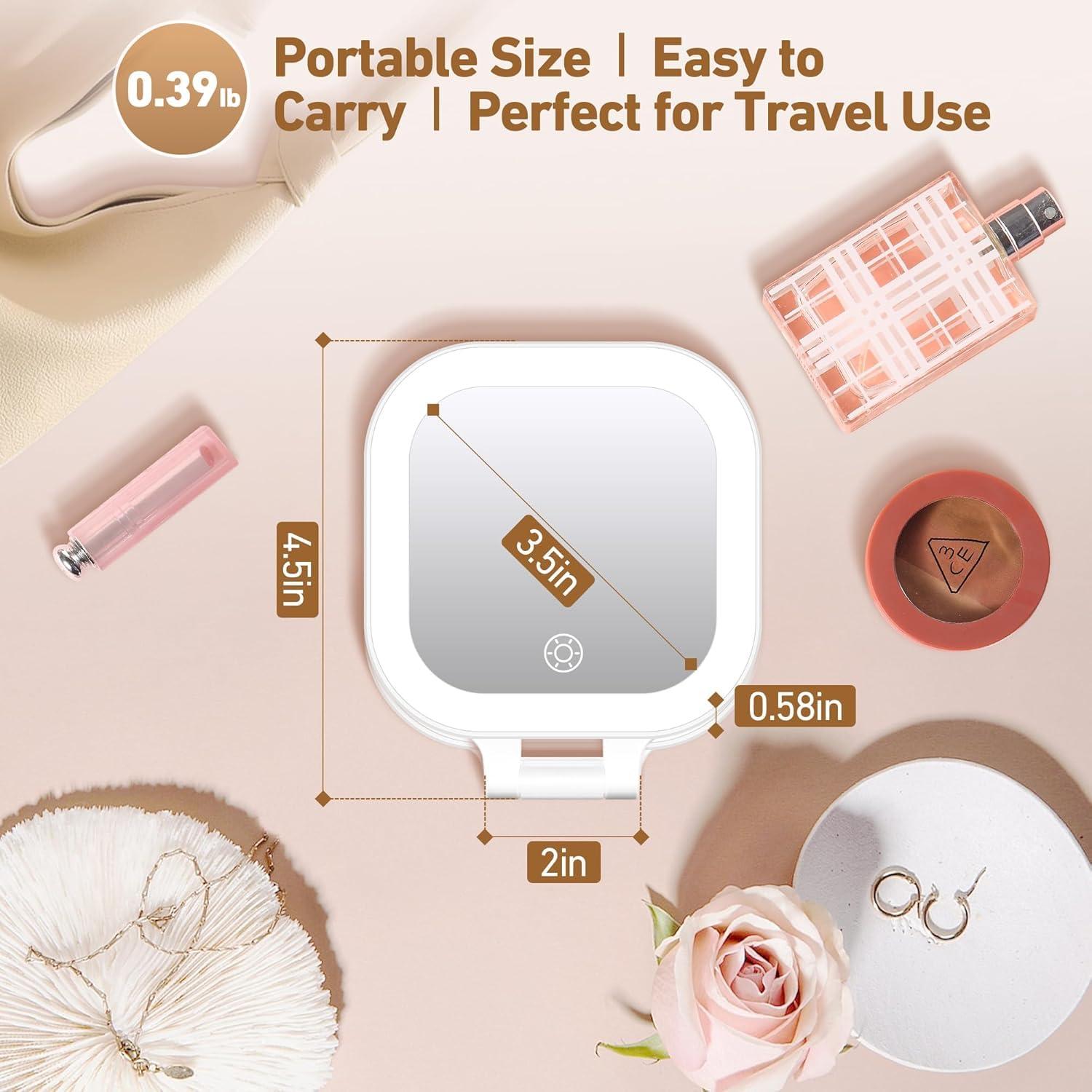 GOMIPURU Travel Mirror with Light, 1x/30x Magnifying Mirror with 3 Color Lights and Adjustable Brightness, 4.5x3.9 inch Small Compact Hangable Hand Pocket 3 Way Mirror, Comes with Tweezer - Image 2