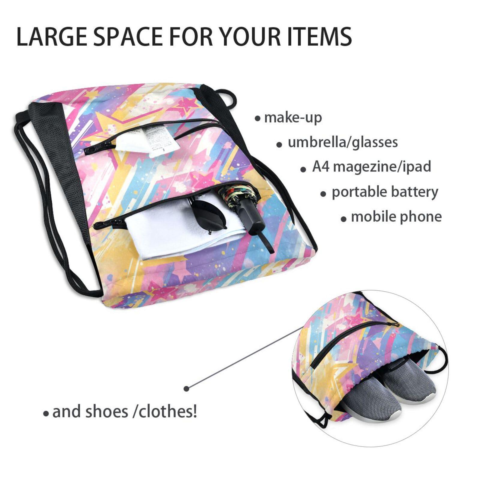 FRODOTGV Spray Paint Rock Star Drawstring Backpack Bag Lightweight Shopping Women Men Adults Cinch Sack Pack With Zipper Pockets for Yoga - Image 5