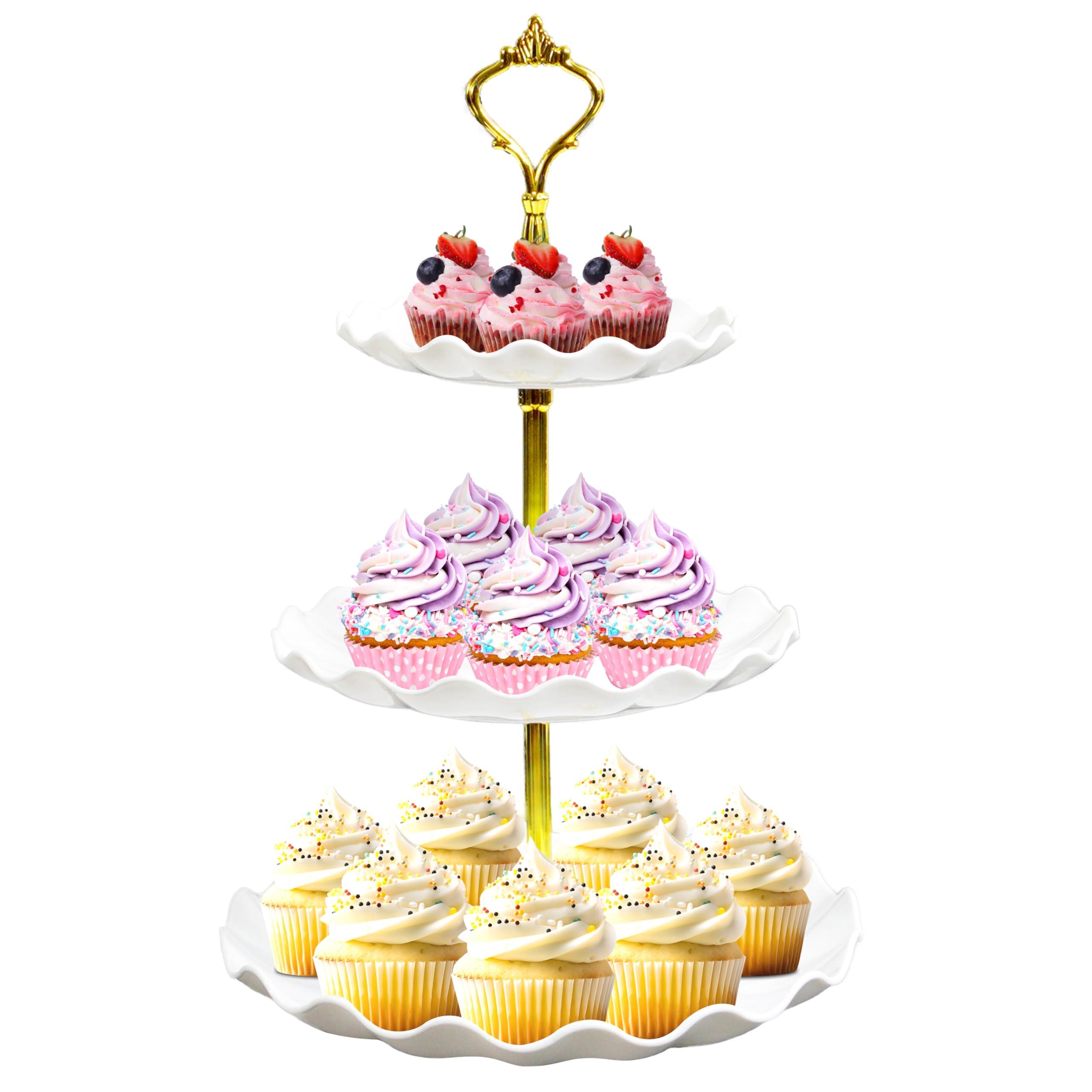 3-Tier Cupcake Stand, Plastic Tiered Cake Stand Serving Tray for Birthday Party Wedding Dessert Decoration (White)