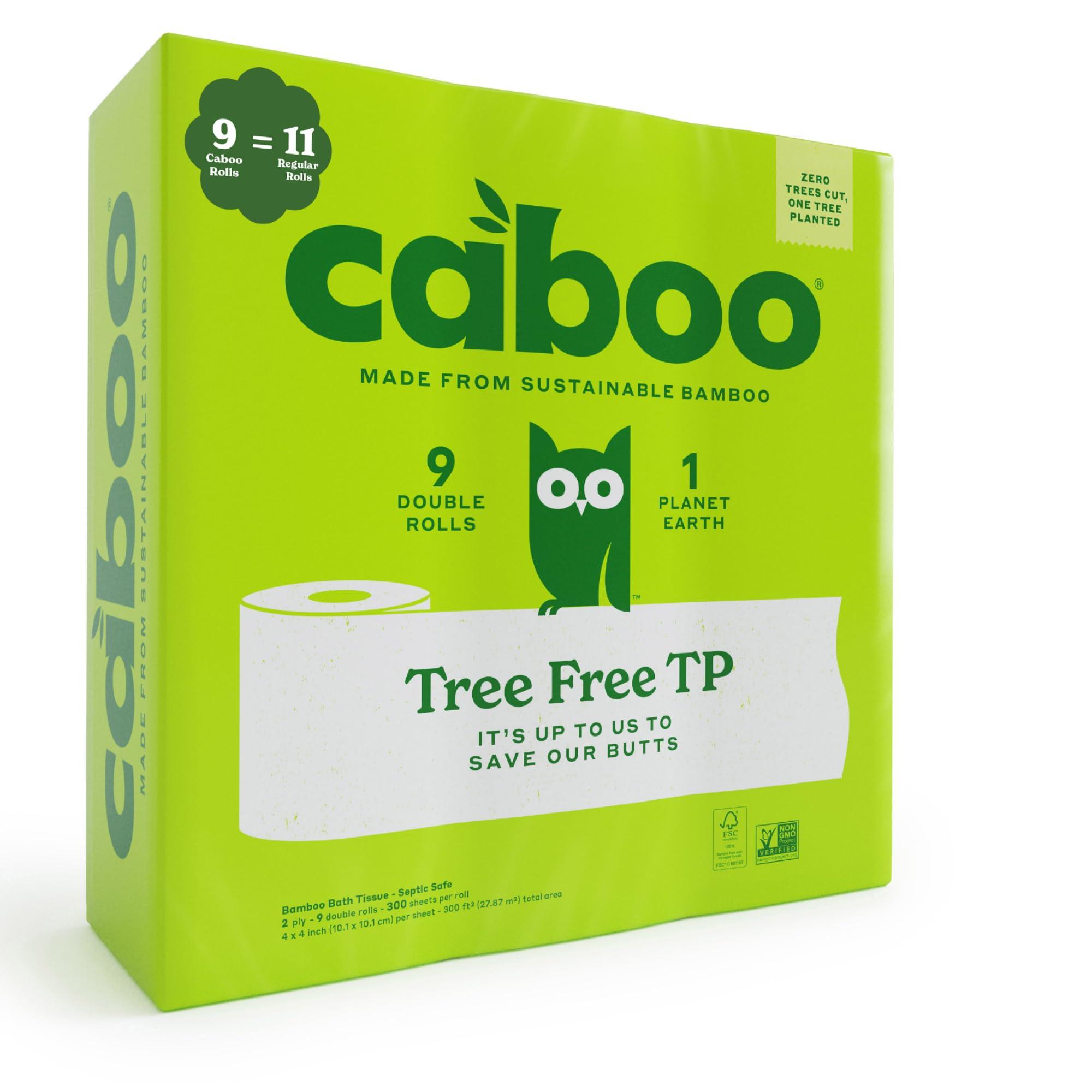 Caboo Tree Free Toilet Paper, Septic Safe Bath Tissue, Quick Dissolving 2 Ply Sheets - 300 Sheets Per Roll, 9 Double Rolls