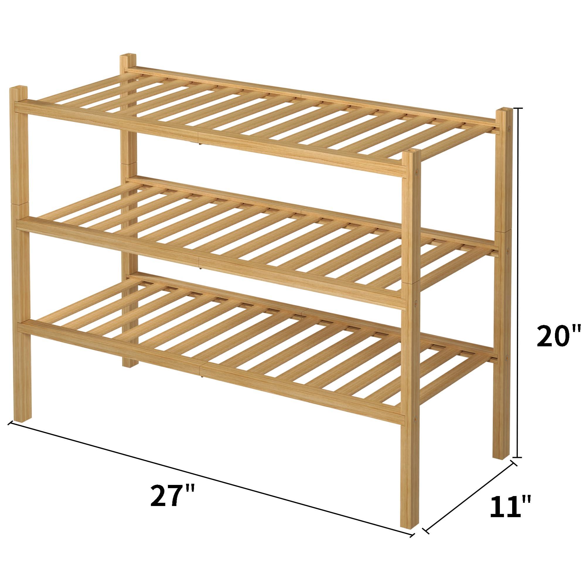 ROMGUAR CRAFT 3 Tier Bamboo Shoe Rack for Closet Free Standing Wood Shoe Shelf Storage Organizer for Entryway Small Space Stackable 27"x11"x20" (Natural) - Image 3