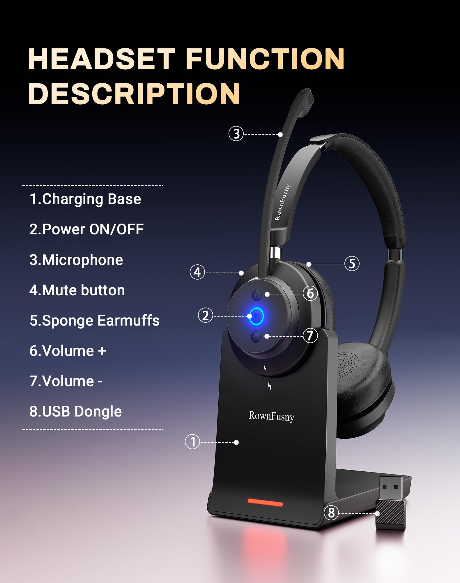 Rownfusny Bluetooth Wireless Headset with Mic for Work, Bluetooth 5.3, Advanced Noise Reduction Microphone, Clear Calls - Comfortable Over-Ear Headphones for PC, Laptop, iPhone, Android, Zoom, Office - Image 9