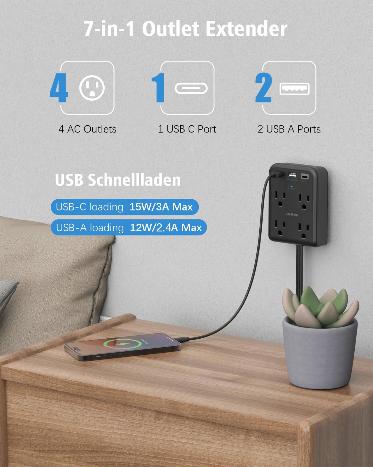 Flat Electrical Outlet Extender with USB C Ports, 4 Outlet 3 USB Wall Plug, 6 ft Ultra Thin Extension Cord, Flat Plug Power Strip Surge Protector for Home, Office. Black - Image 3