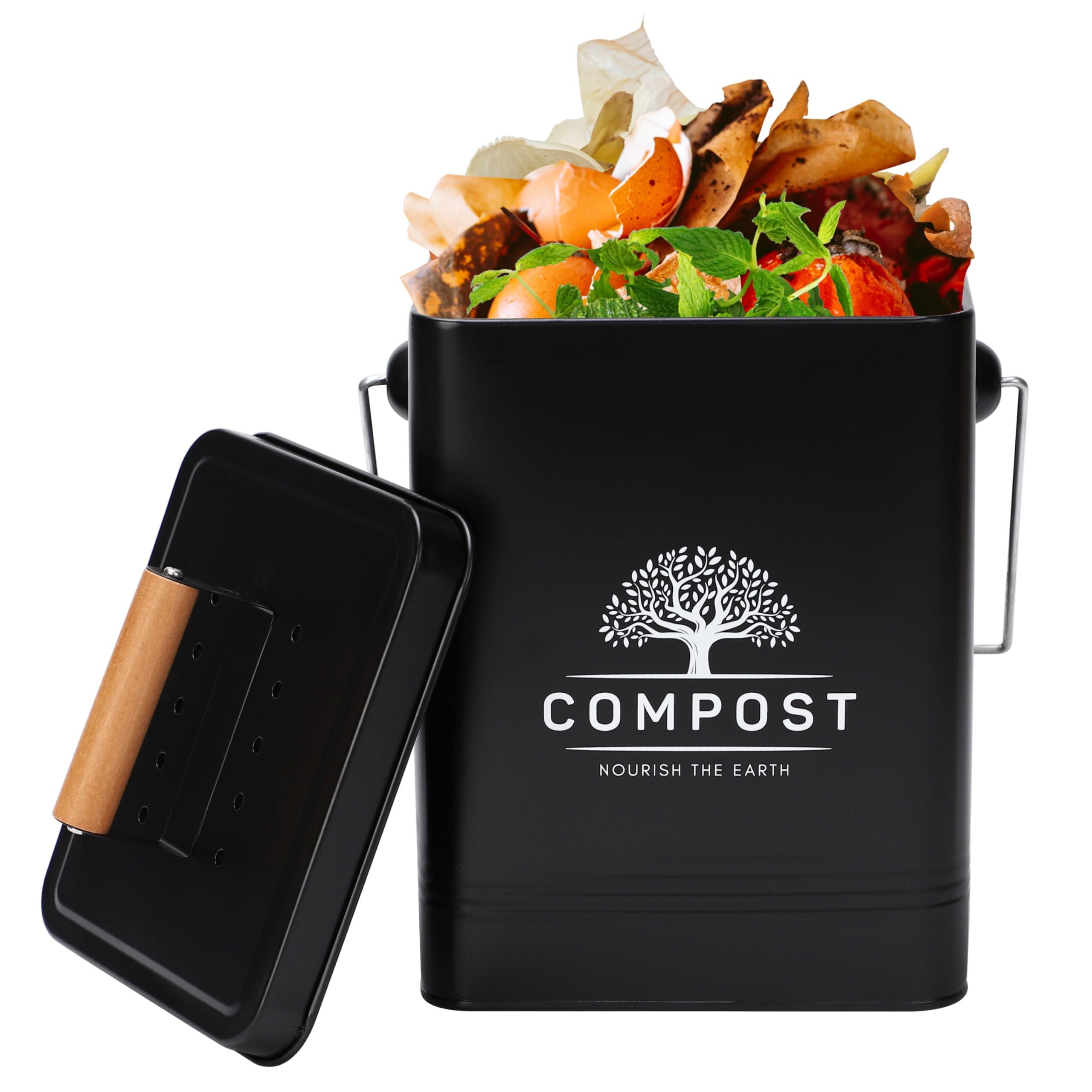 PERFNIQUE Kitchen Compost Bin, 1.7 Gallon Countertop Compost Bin with Lid, Indoor Compost Bin Includes 2 Carbon Filters, Small Compost Bucket, Food Waste Bin for Kitchen with Trash Bags (Matte Black)