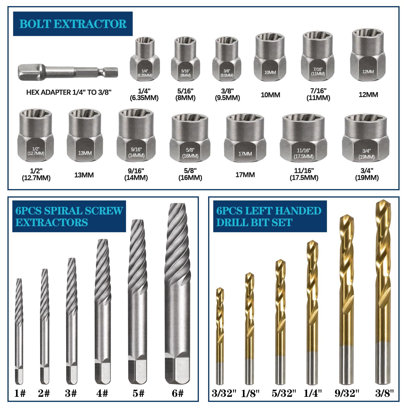 DOAHO 26 Piece Impact Bolt and Spiral Screw Extractor Set with Left Hand Reverse Drill Bit Kit for Easy Out Damaged Stripped Broken Screw Lug Bolt Nut Remove with Hex Adapter - Image 2