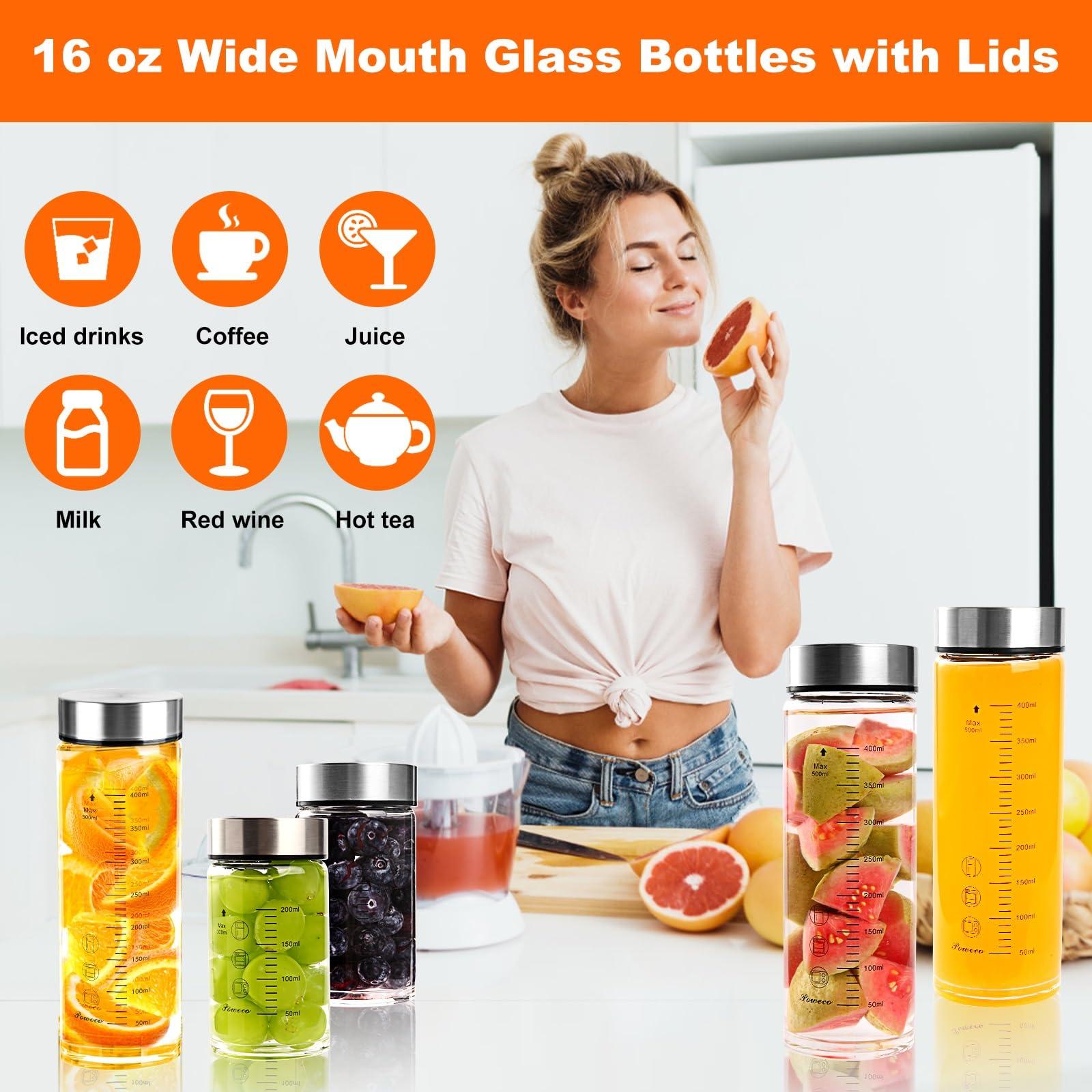 Glass Juice Bottles 4 Pack 16 oz - Wide Mouth Glass Water Bottles with Lids - for Juicing, Protein, Smoothie, Milk, Reusable, BPA Free, Stainless Steel Lids, Blender, Shaker Bottle (16oz/500ml) - Image 5