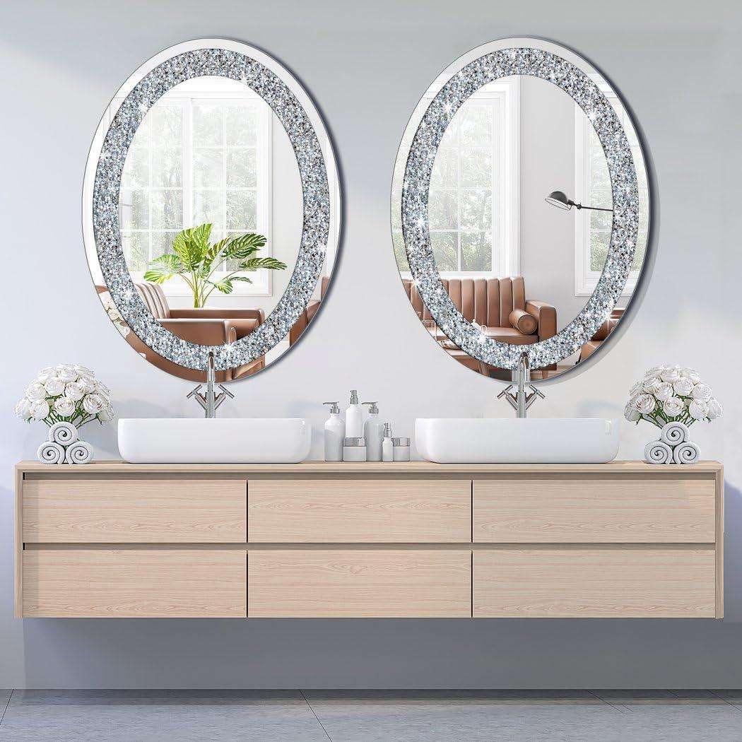 DMDFIRST Crystal Crushed Diamond Oval Shaped Silver Mirror Glam Bling for Wall Decoration 24x32x0.9inch Frameless Wall Hang Sparkly Glass Mirror Stunning Stylish Fashion Home Decor Decorative Mirror - Image 7