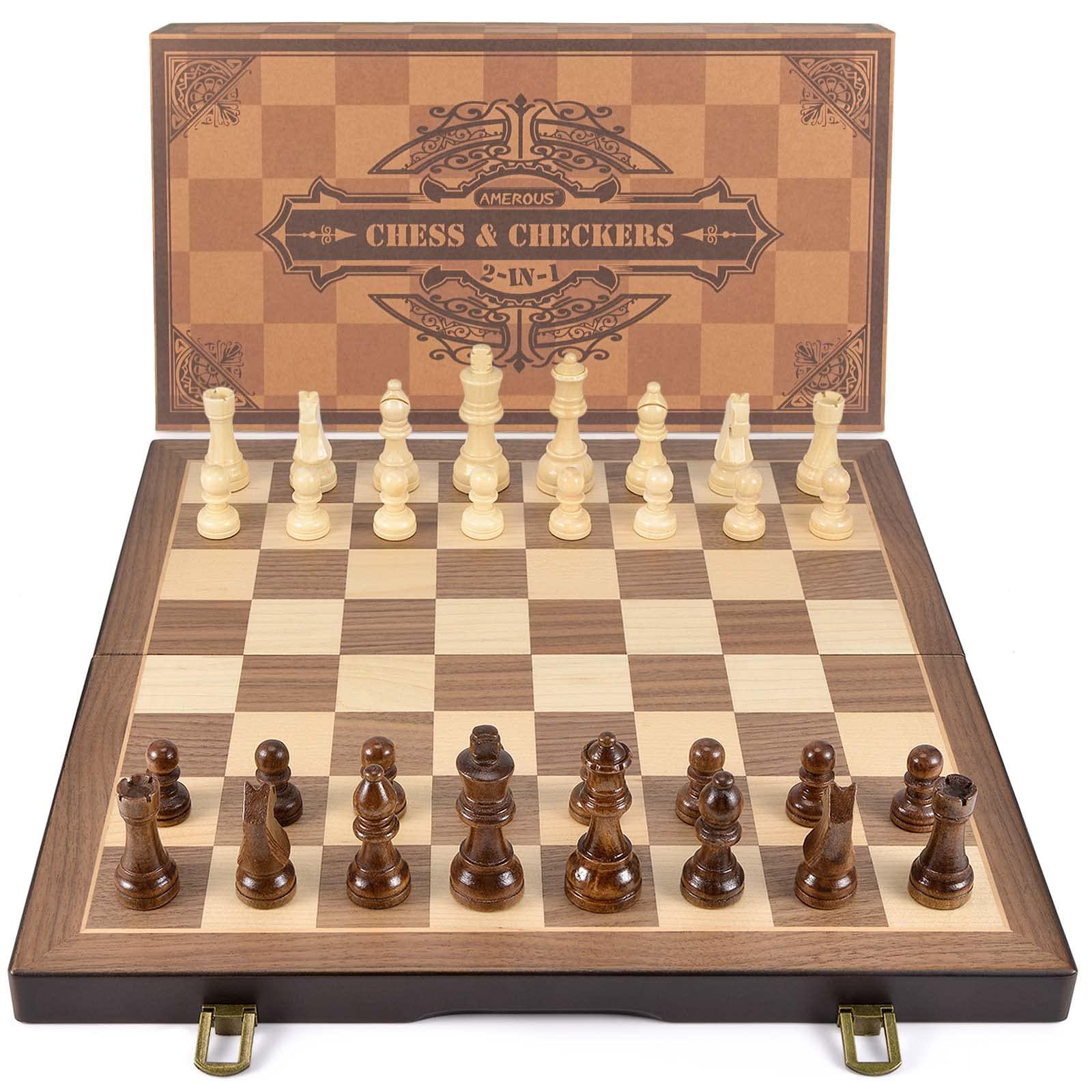 AMEROUS Magnetic Wooden Chess and Checkers Game Set, 15 Inches (2 in 1) Chess Board Games, 2 Extra Queens - Gift Package - Game Pieces Storage Slots, Beginner Chess Set for Kids, Adults - Image 9