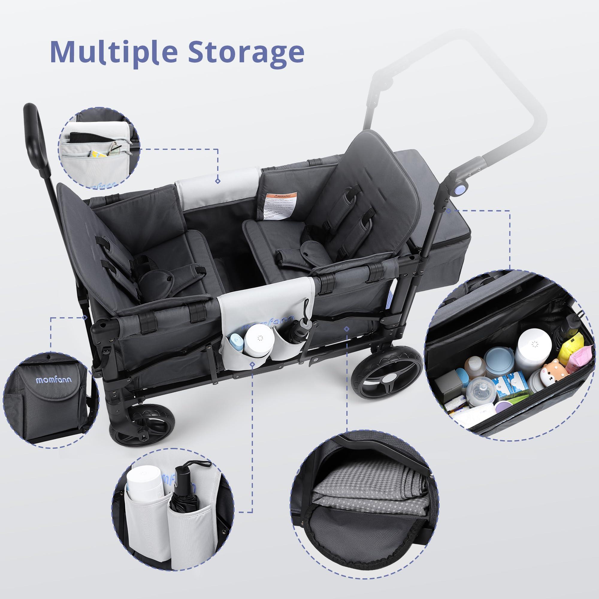 MOMFANN Double-Seater Baby Wagon with Canopy, Push Pull Stroller with Adjustable Handle, Wagon Stroller for 2 Kids & Outdoor Adventures (Dark Grey) - Image 3