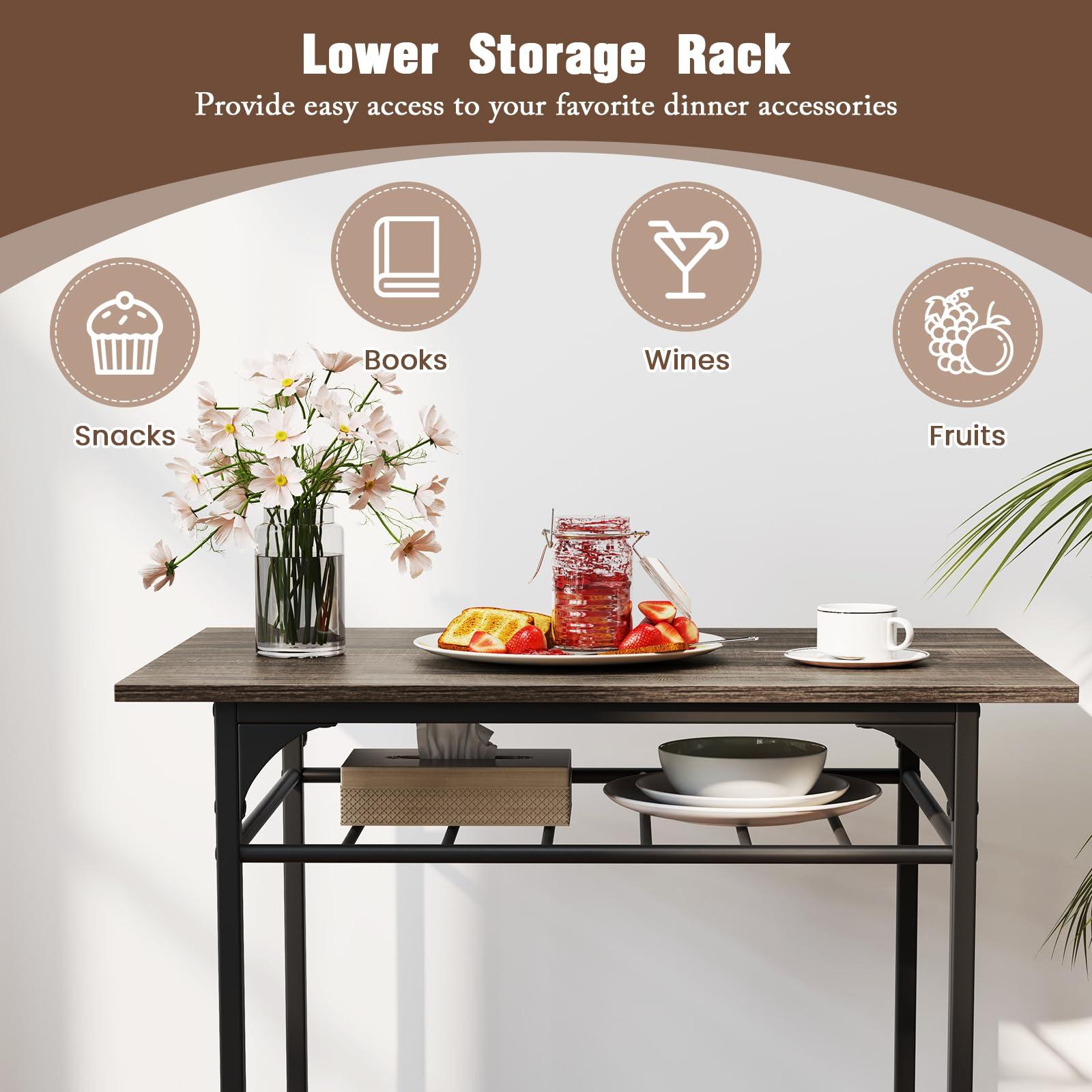 GOFLAME 3-Piece Dining Table Set for 2, Rectangular Wood Kitchen Table & Chair Set with Metal Frame, Storage Rack, Space-Saving Dinette Set for Breakfast Nook, Dining Room, Small Space, Grey - Image 4