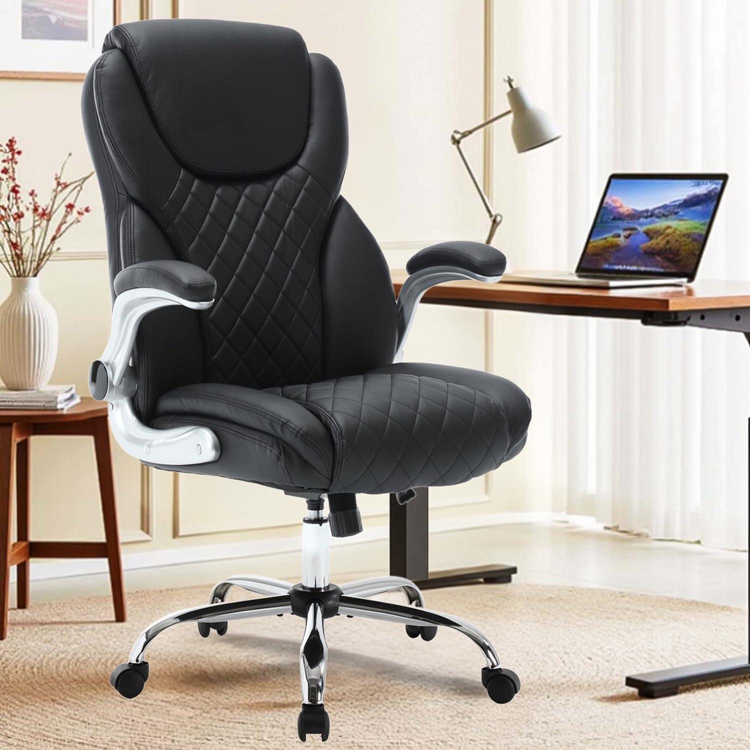 REFICCER Executive Office Chair, High Back Faux Leather Ergonomic Office Desk Chairs with Wheels, 90-120° Rocking Managerial Swivel Home Computer Chairs with Flip up Arms Lumbar Support(Black)
