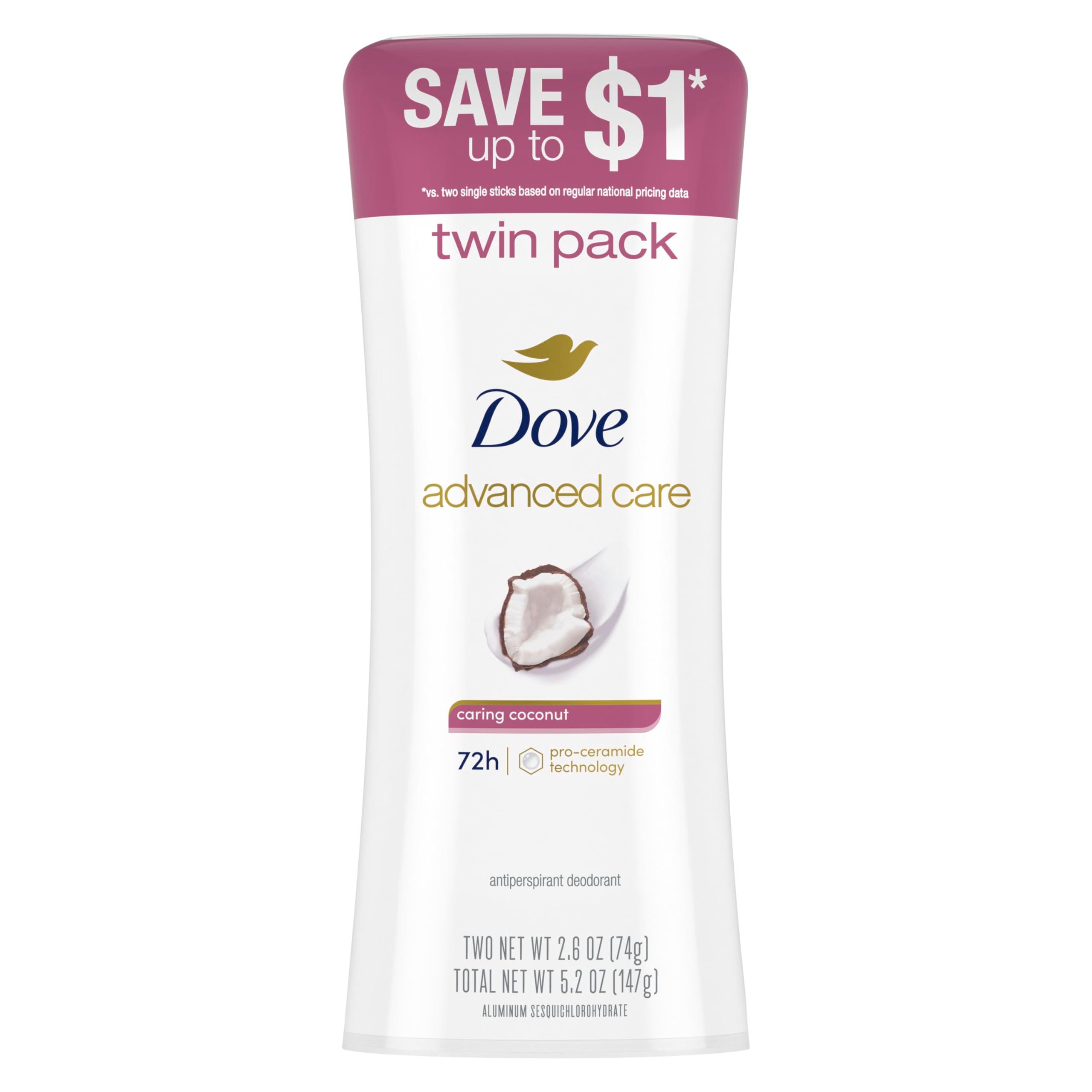 Dove Advanced Care Antiperspirant Caring Coconut, 2 Count Deodorant Stick for Women, for 48 Hour Protection And Soft And Comfortable Underarms, 2.6 oz