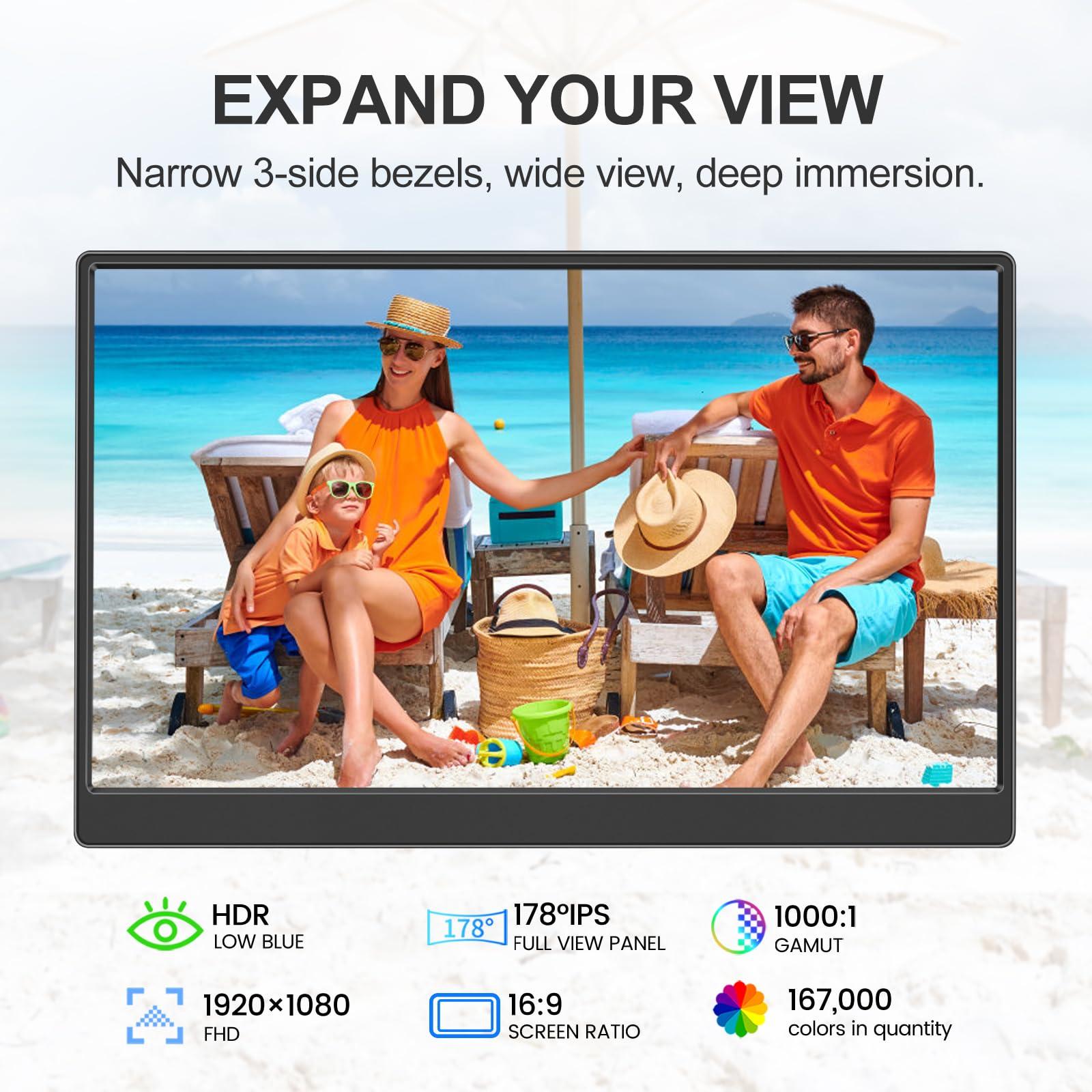 UFYQL 15.6-inch Portable Monitor FHD IPS Gaming Display Travel External Monitor, for Laptop PC Phone PS4/5 Xbox Switch, 1080P, USB-C, HDMI, Ultra-Slim, with Kickstand, Speakers, Plug&Play, HDR - Image 2