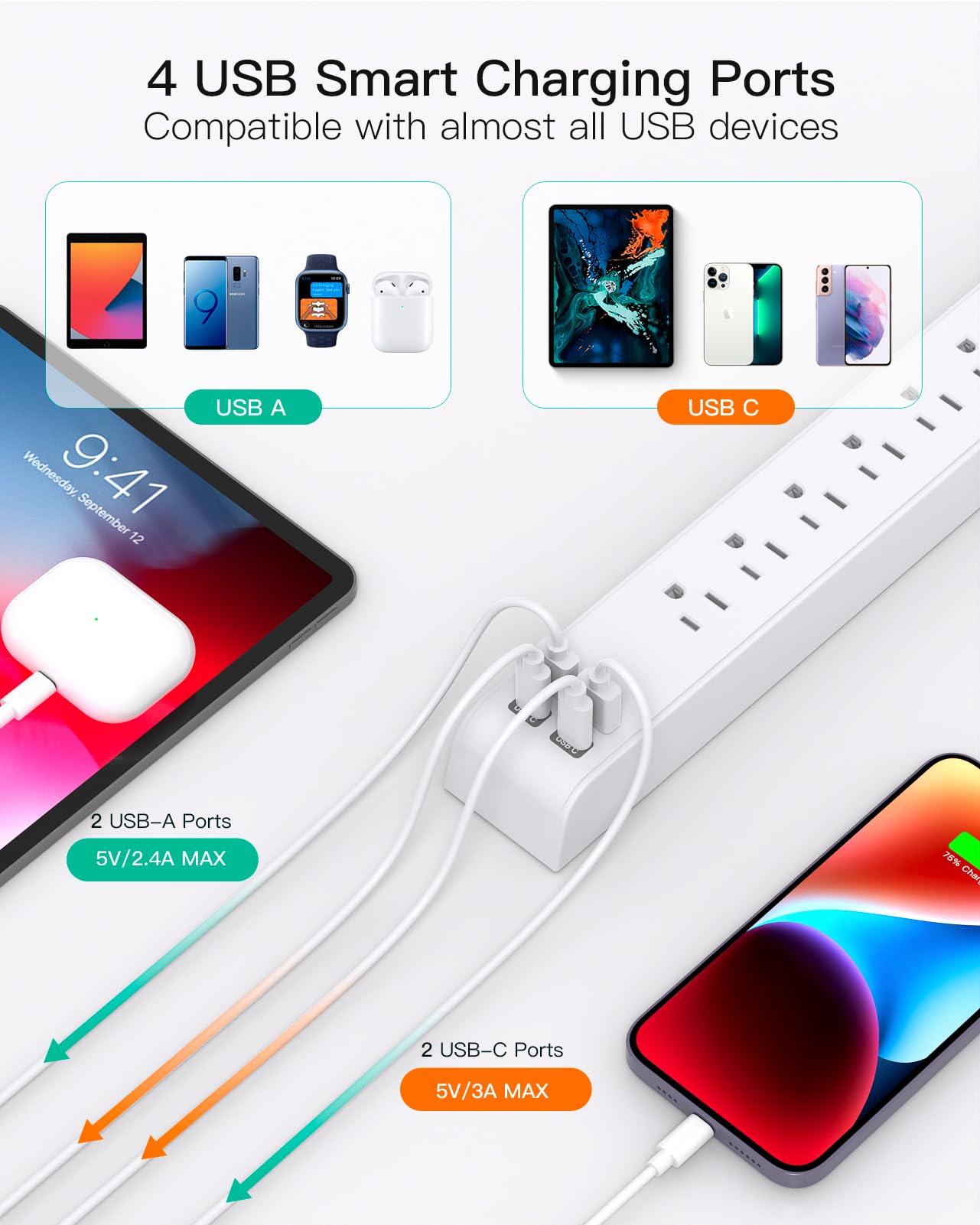 2 Pack Power Strip, 12FT Long Extension Cord, Surge Protector with 6 Outlets and 4 USB Ports (2 USB C), Flat Plug Overload Protection, Extension Cord 10+ ft, Wall Mount for Home Office Dorm College - Image 3