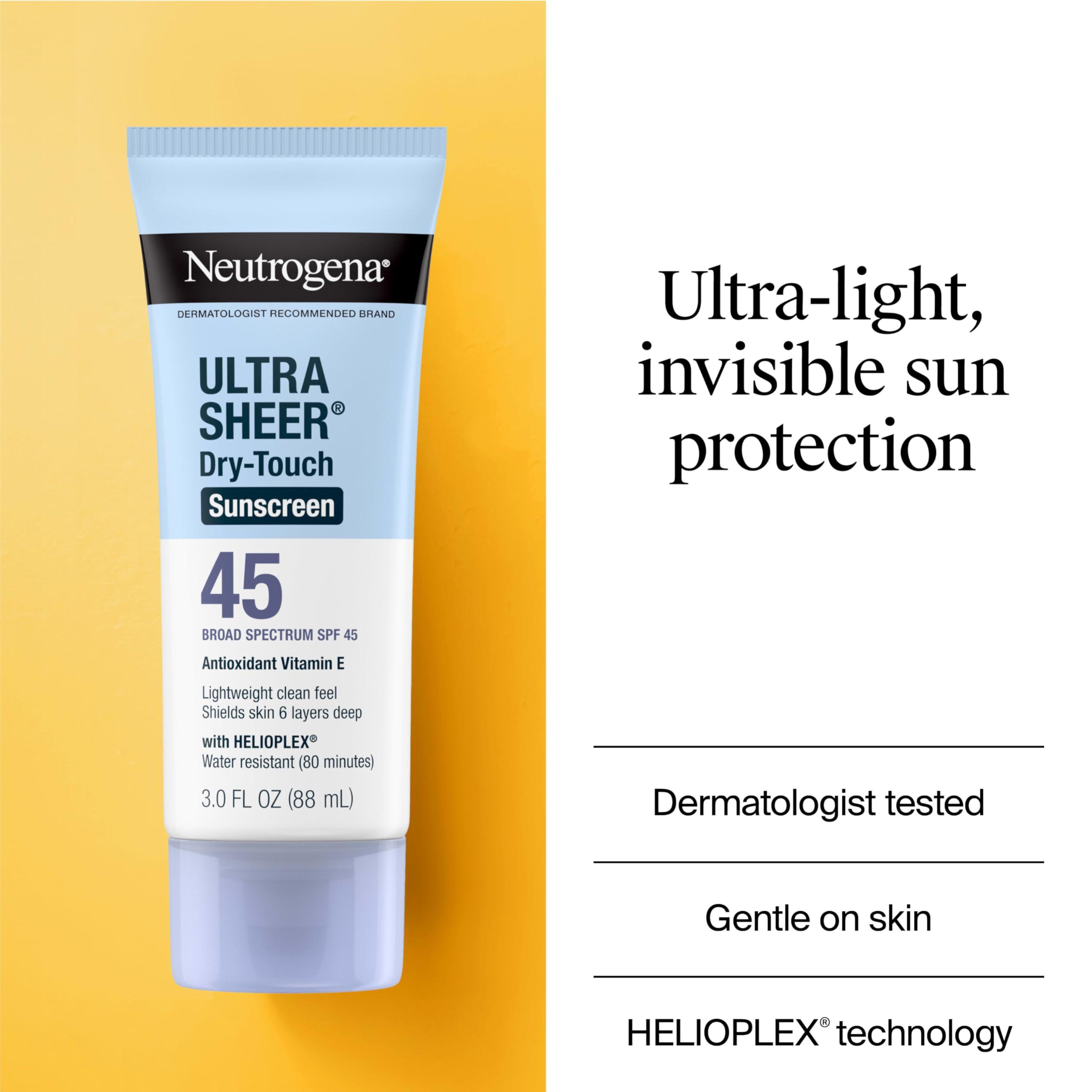 Neutrogena Ultra Sheer Dry-Touch Sunscreen For Face & Body, SPF 45 Broad Spectrum UVA/UVB Protection, Lightweight Water Resistant & Non-Greasy, Travel Size Sunscreen, 3 fl. oz 2 pack - Image 3