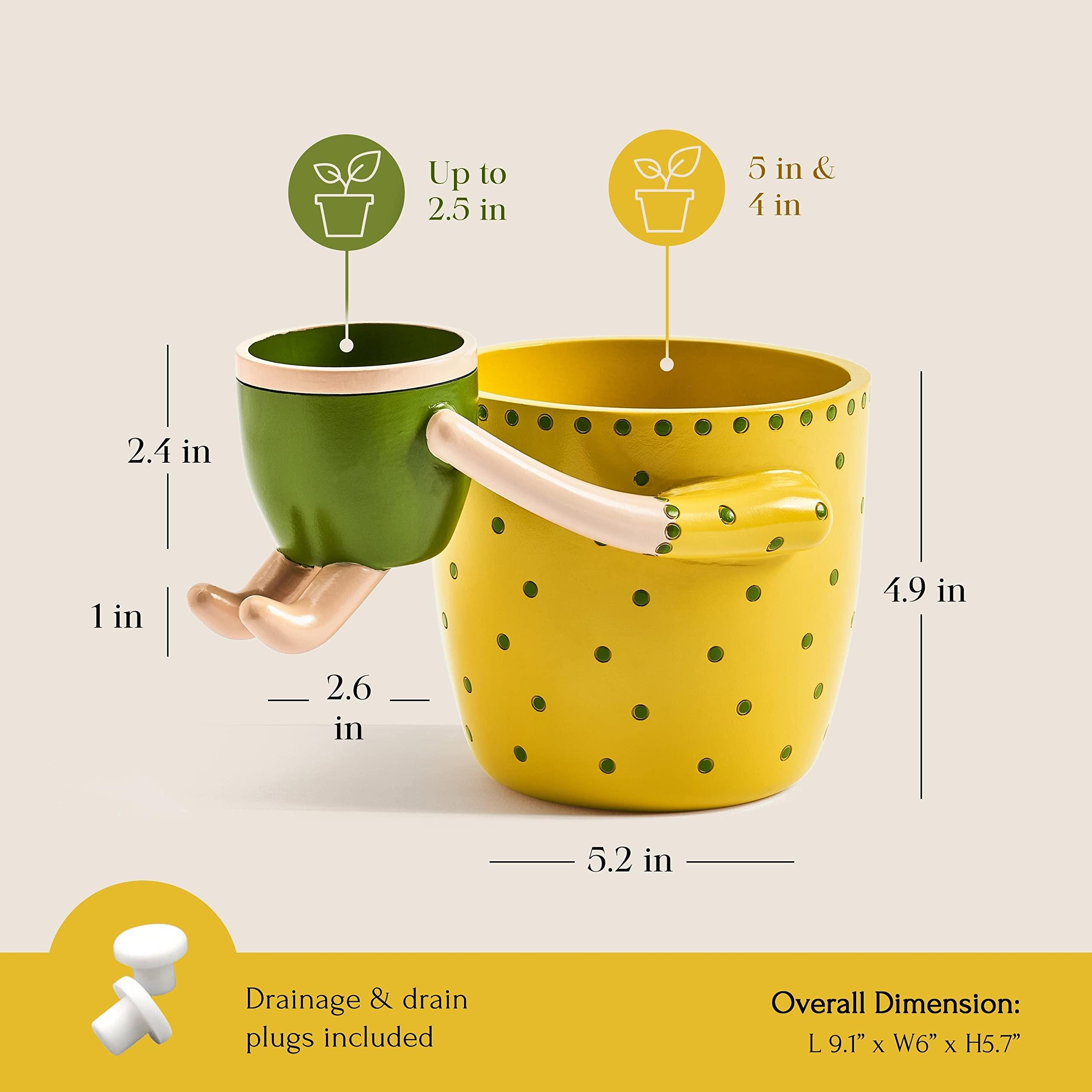 VIRTUNE Adorable Plant Pots. 5" Flower Pot & 2" Small Succulent Pot with Drainage. Small Plant Pots, Cute Pots for Plants, Succulent Planter (Light Yellow) - Image 2