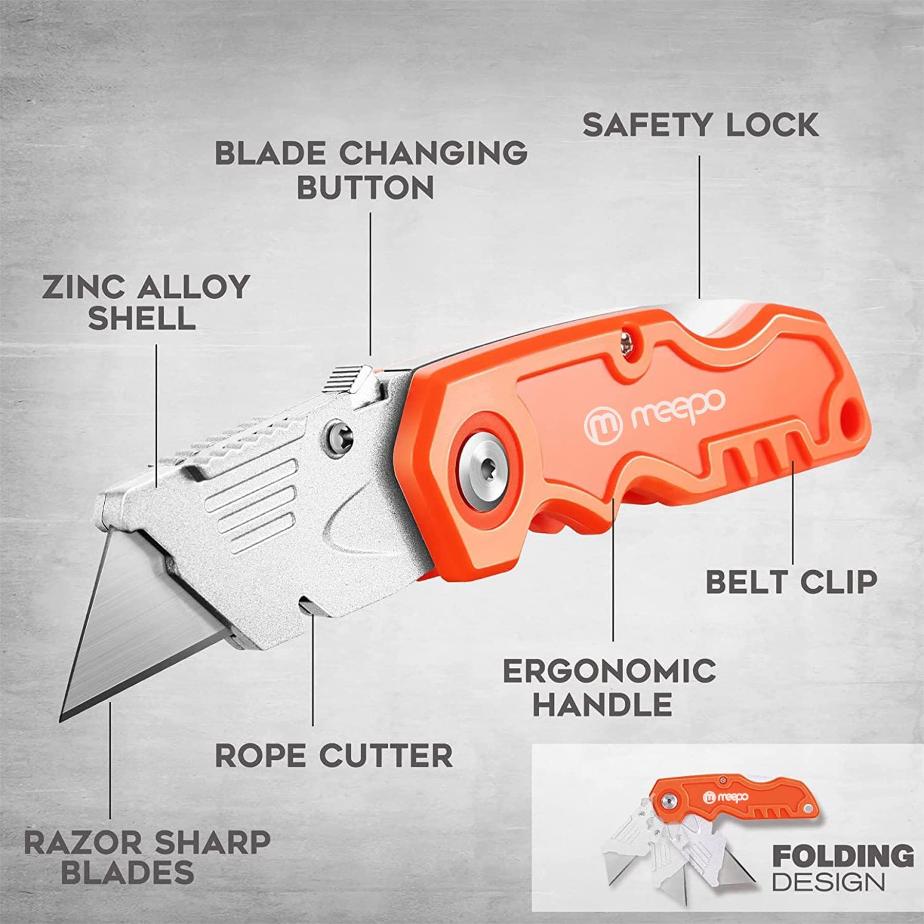 M MEEPO Box Cutter, 4-Pack Tough Folding Box Cutter for Heavy Duty Purpose, Razor Sharp Blade, Comfortable Handle, with Extra 10-Piece Blades, Can cut Drywall, Sheet Plastic, Linoleum, Boxes, Rope - Image 2