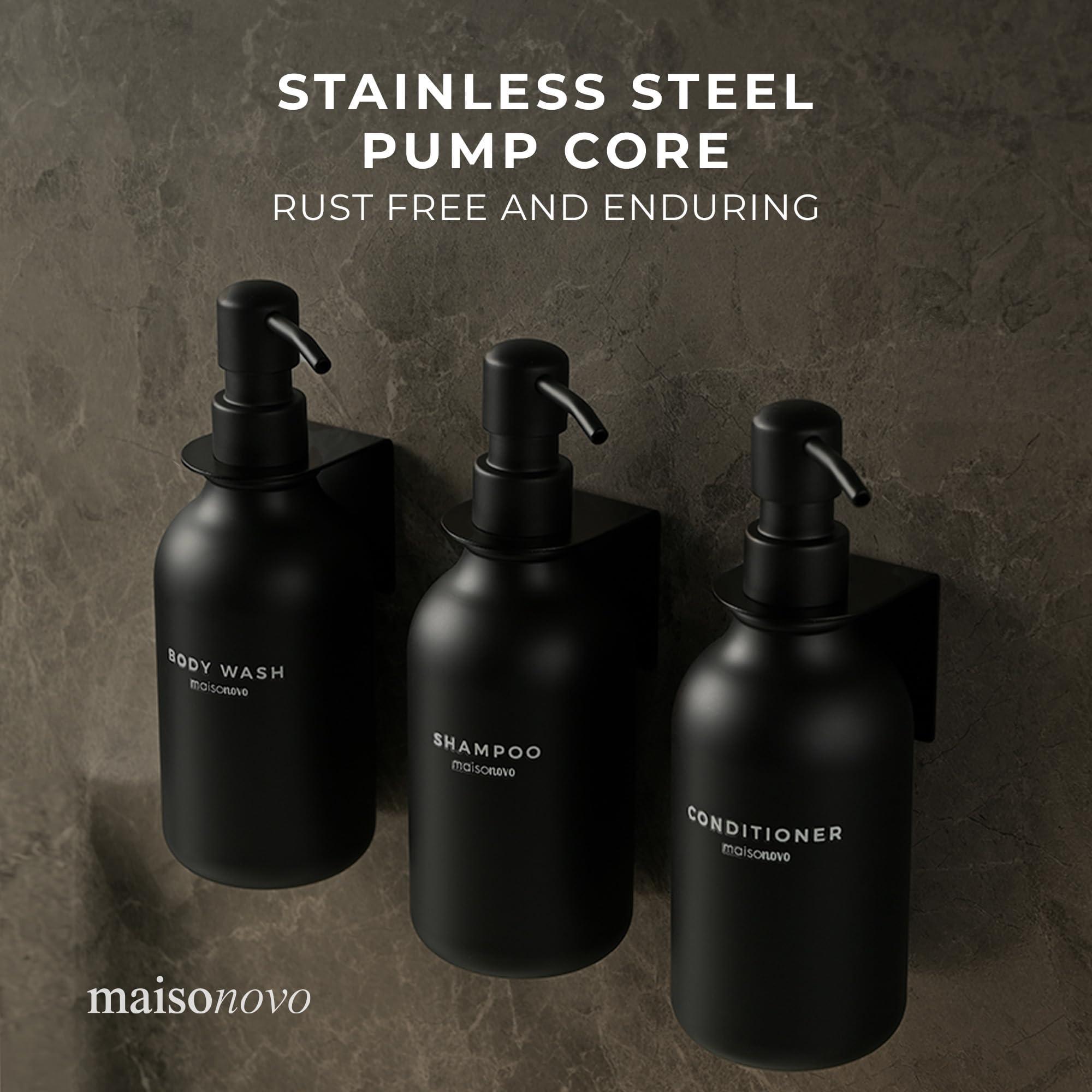 MaisoNovo Shampoo and Conditioner Dispenser - Shower Soap Dispenser Wall Mounted - 16.9 fl oz Set of 3 Black Plastic Bottles Black Pump - Shampoo Dispenser, Shower Dispenser 3 Chamber No Drill - Image 4