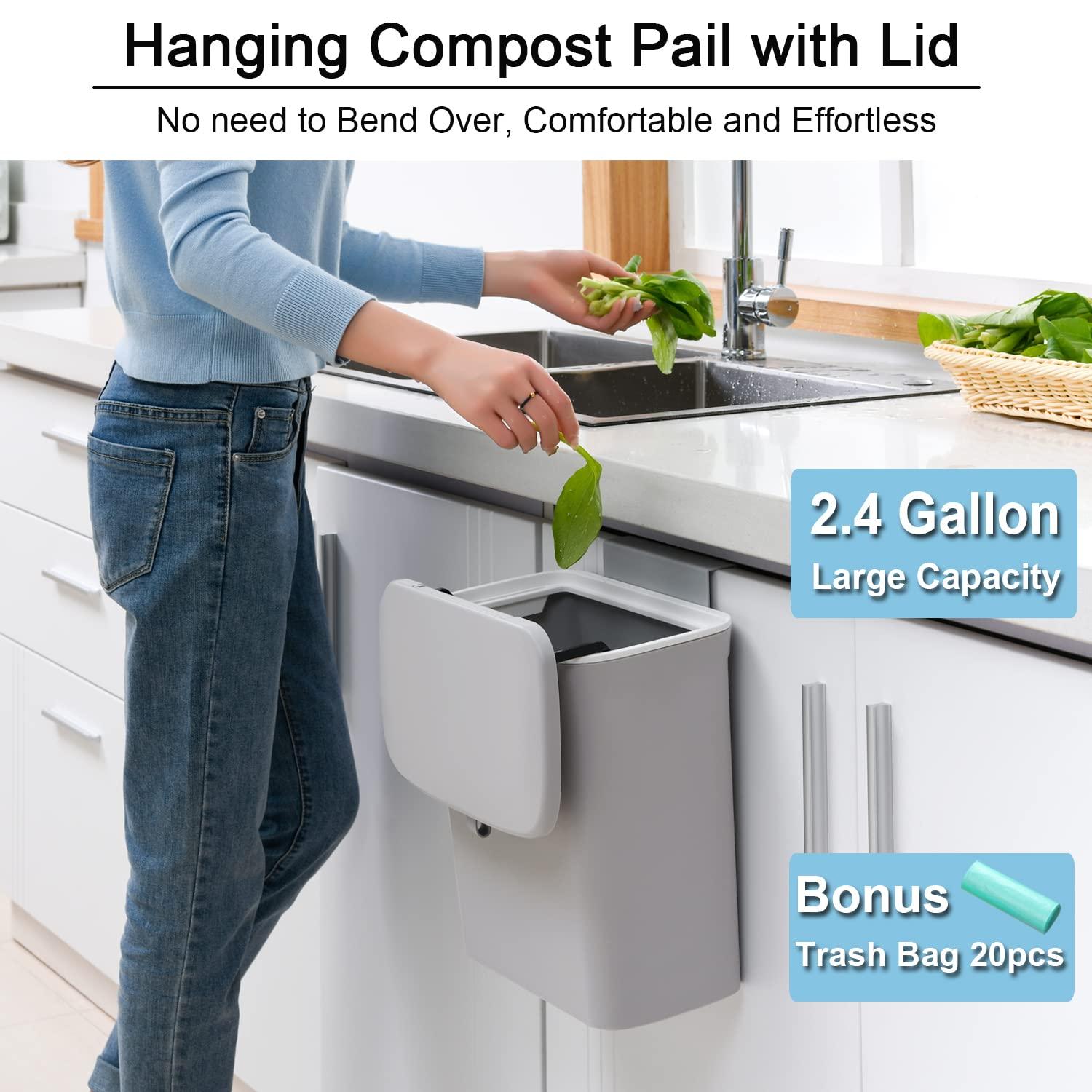 Tiyafuro 2.4 Gallon Kitchen Compost Bin for Counter Top or Under Sink, Hanging Small Trash Can with Lid for Cupboard/Bathroom/Bedroom/Office/Camping, Mountable Indoor Compost Bucket, Gray - Image 3