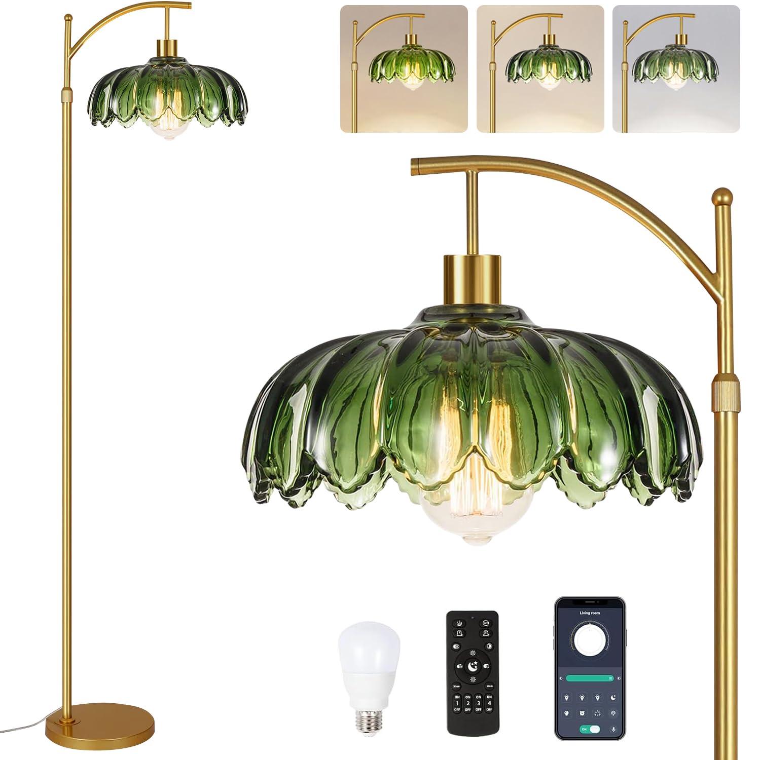 ILLMTW Gold Floor Lamp for Living Room,Bedroom,Mid Century Modern Standing Lamp with Remote,Dimmable Brass Tall Lamp Vintage Retro Green Glass Arc Floor Flower Floor Light Boho Bohemian