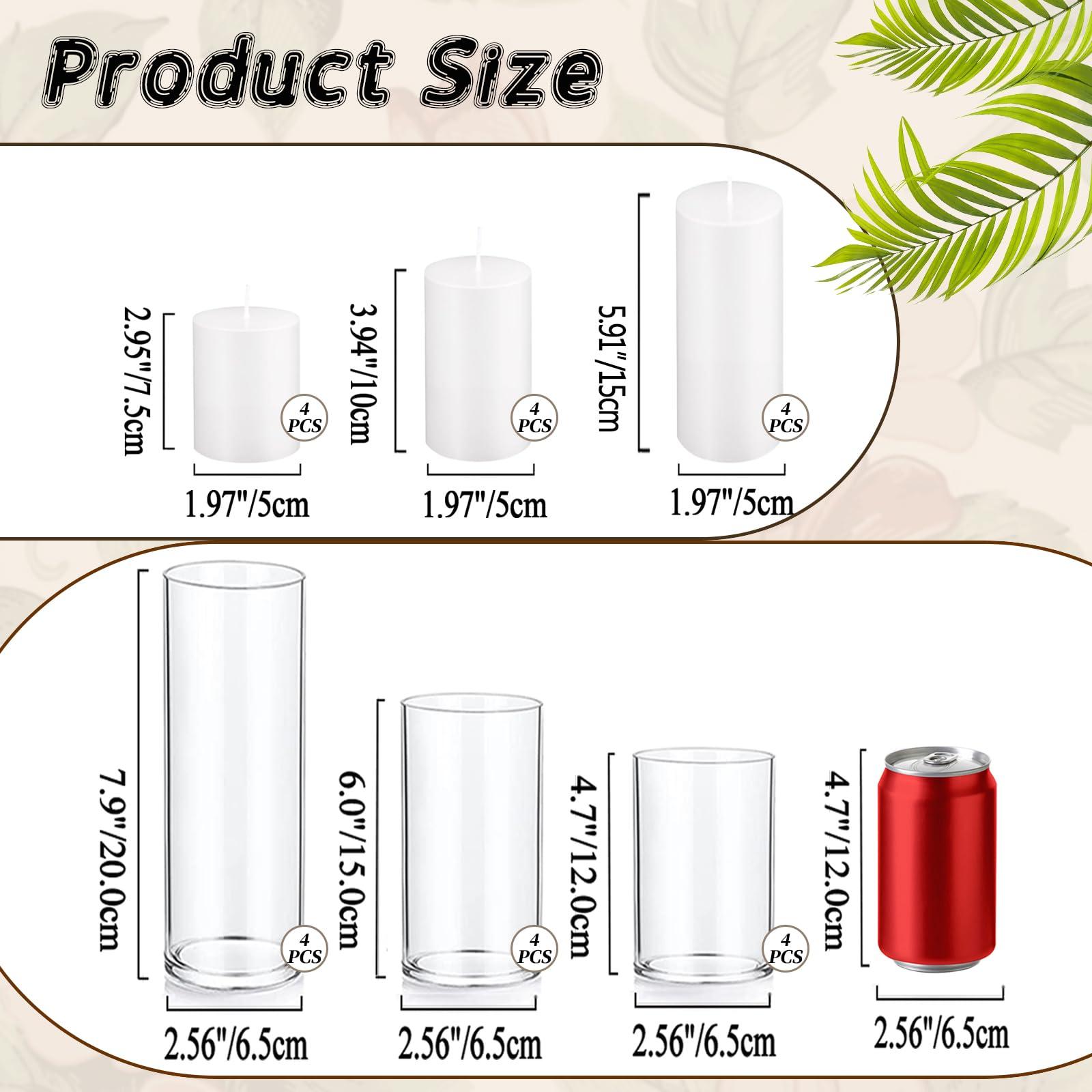 UDU Set of 12 White Pillar Candles and 12 Glass Cylinder Vases Hurricane Holders, Slim Pillar Candle Holder, Cylinder Vases for Centerpieces Wedding Table Party Home Decor(2.6" X 4.7", 5.9", 7.9") - Image 2