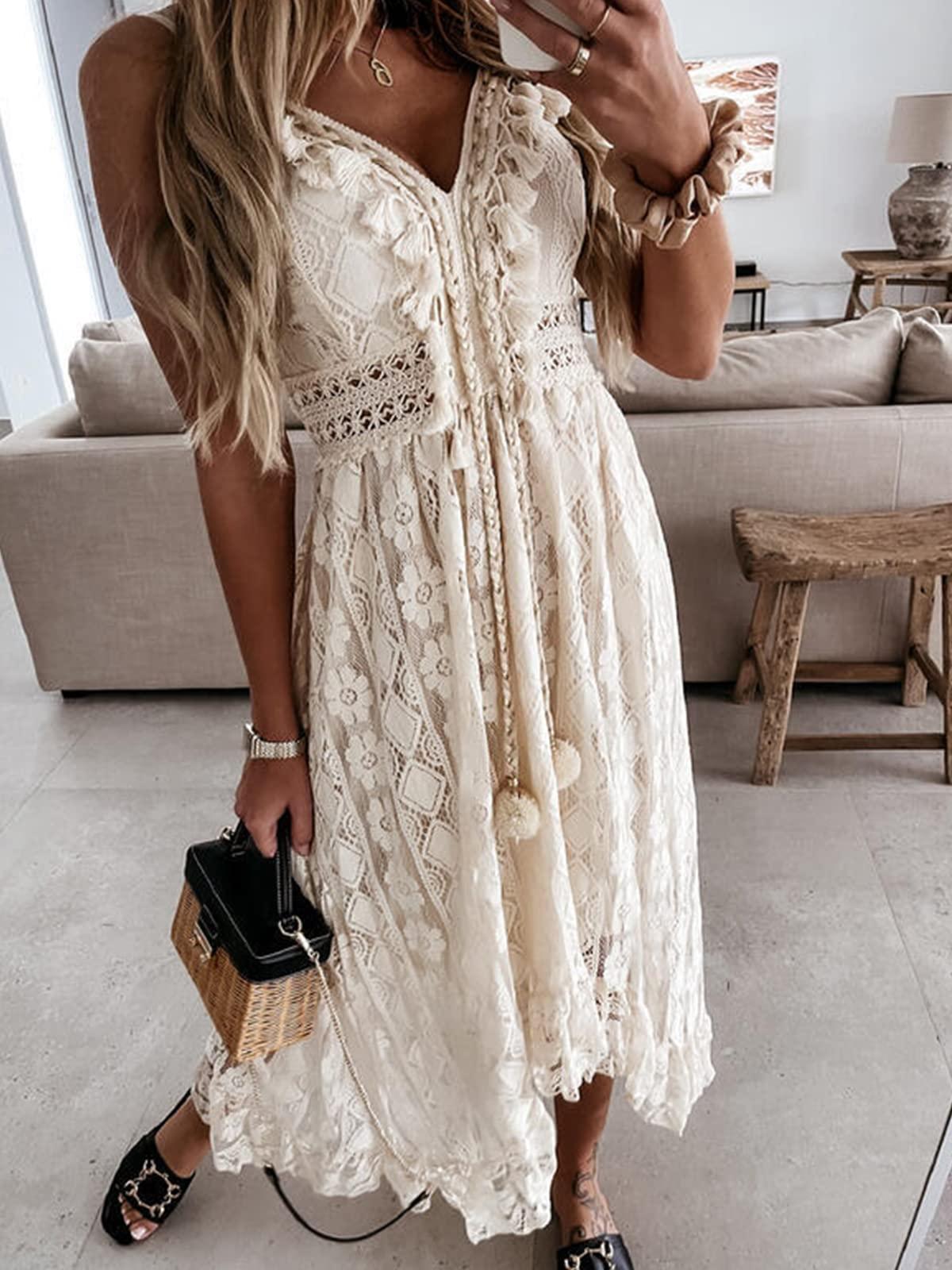 CUPSHE Women's Summer Dresses Sleeveless Lace Casual Tassel Beach Spaghetti Straps Flowy Maxi Sun Dress - Image 5