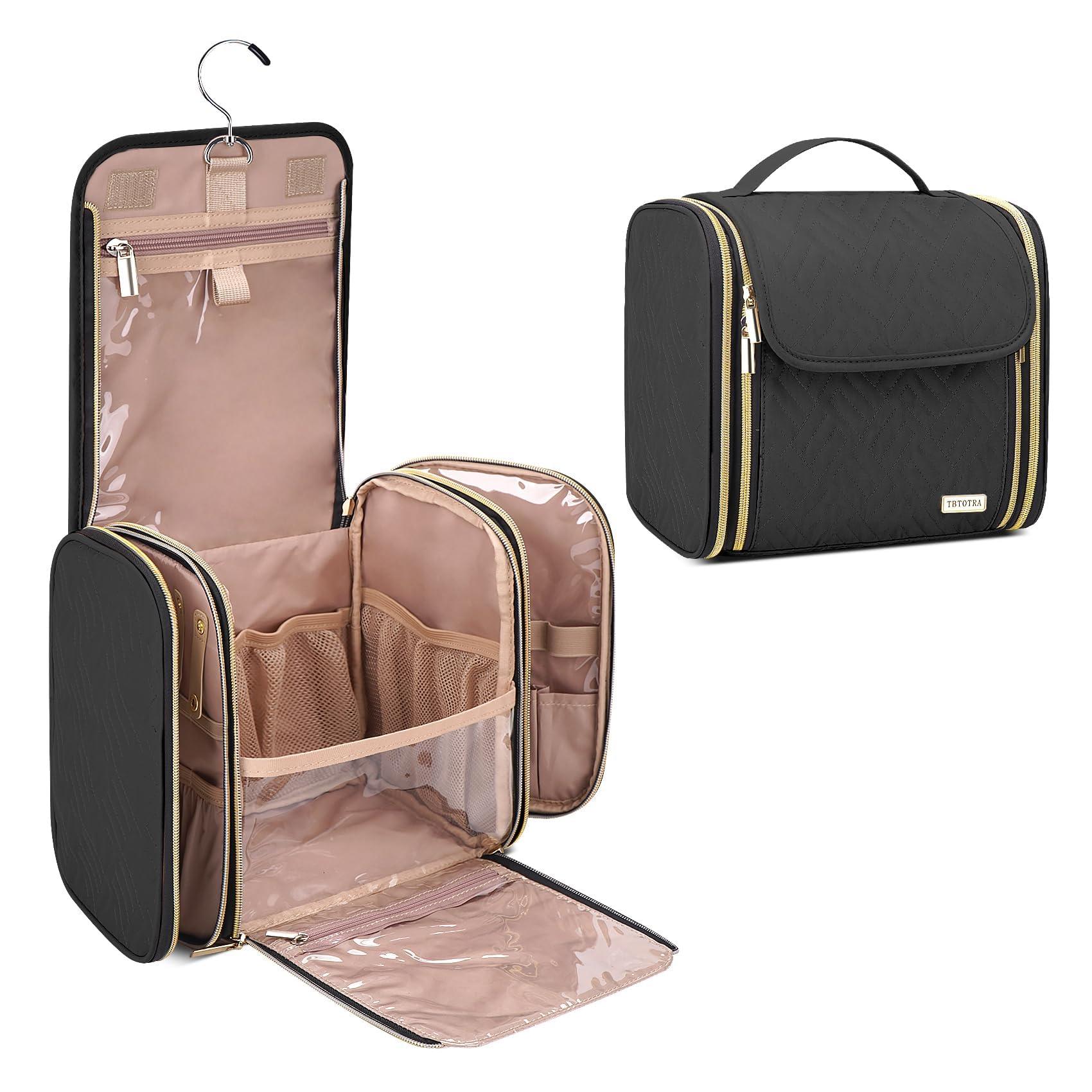 TBTOTRA Hanging Toiletry Bag & Makeup Bag for Women with Jewelry Organizer - TSA Approved Large Capacity Travel Cosmetic Organizer, Waterproof Shower Essentials Case with Transparent Pockets, Black