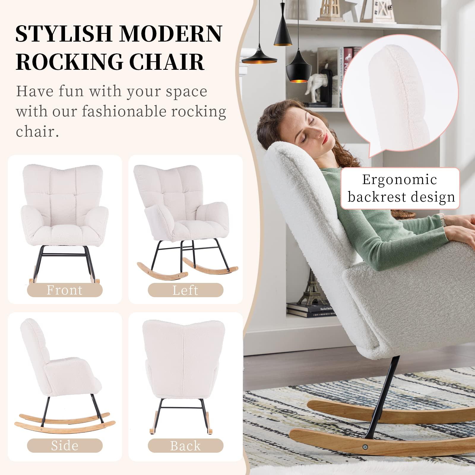 NIOIIKIT Nursery Rocking Chair Teddy Upholstered Glider Rocker Rocking Accent Chair Padded Seat with High Backrest Armchair Comfy Side Chair for Living Room Bedroom Offices (Ivory Teddy) - Image 6