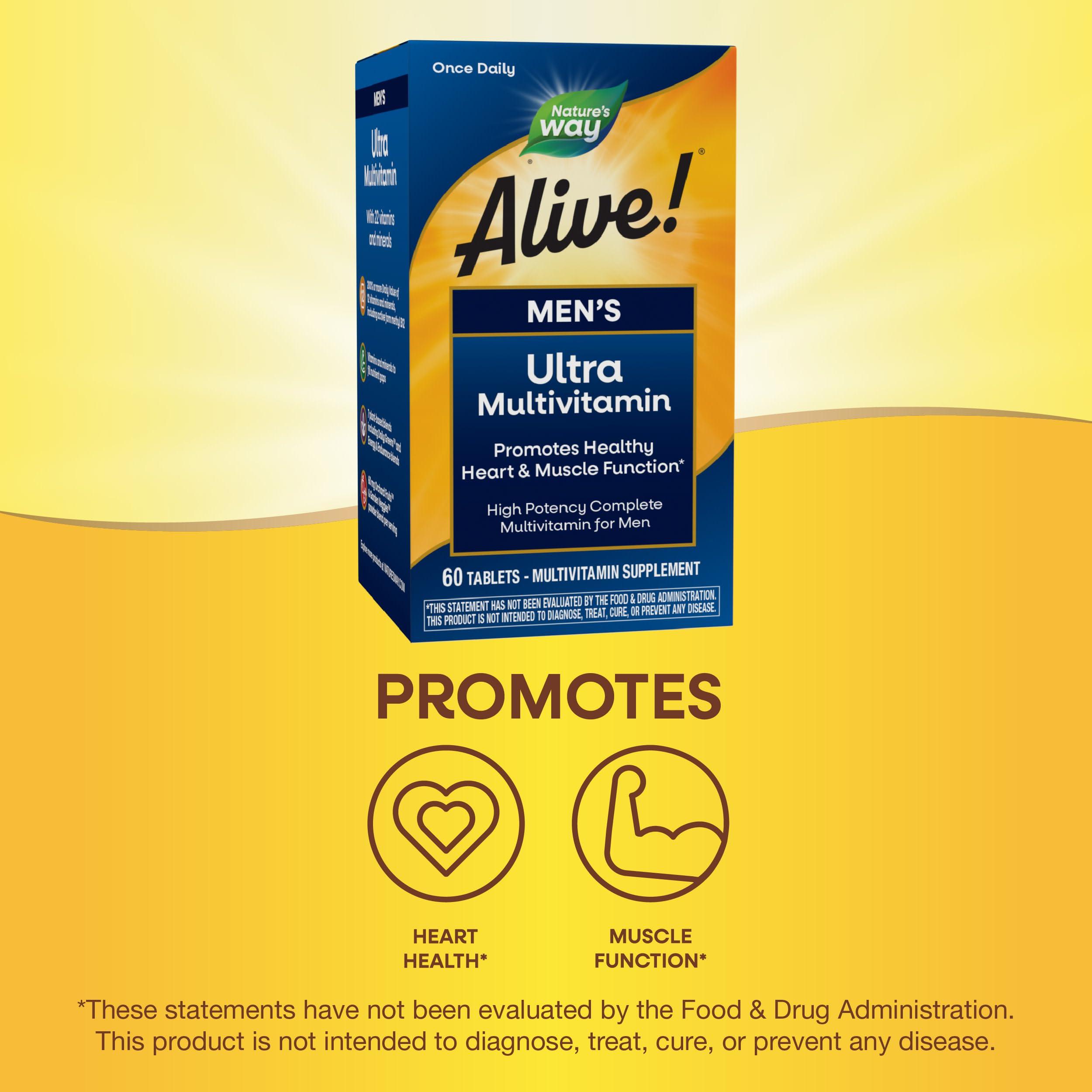 Nature's Way Alive! Men's Daily Ultra Multivitamin, High Potency Formula, Promotes Healthy Heart & Muscle Function*, with Methylated B12, Gluten Free, 60 Tablets - Image 3