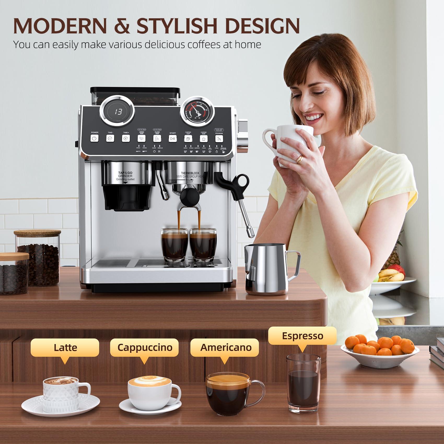 QJA Espresso Machine with Grinder, 20 Bar Pressure Professional Espresso Maker with 30 Grinding Settings, 58mm Portafilte, Anti-scalding Milk Frother Steam Wand for Latte Cappuccino (Stainless Steel) - Image 9