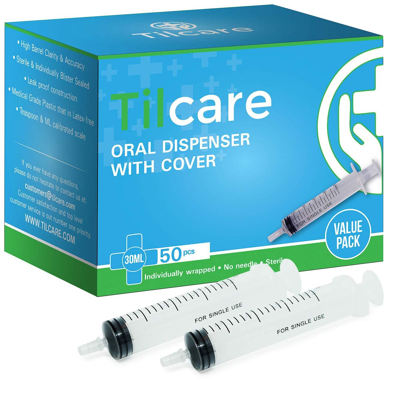 30ml Oral Dispenser Syringe with Cover 50 Pack by Tilcare - Luer Slip Sterile Plastic Medicine Food Droppers for Children, Pets & Adults – Latex-free Medication Dispenser - Large Feeding Tube Syringes