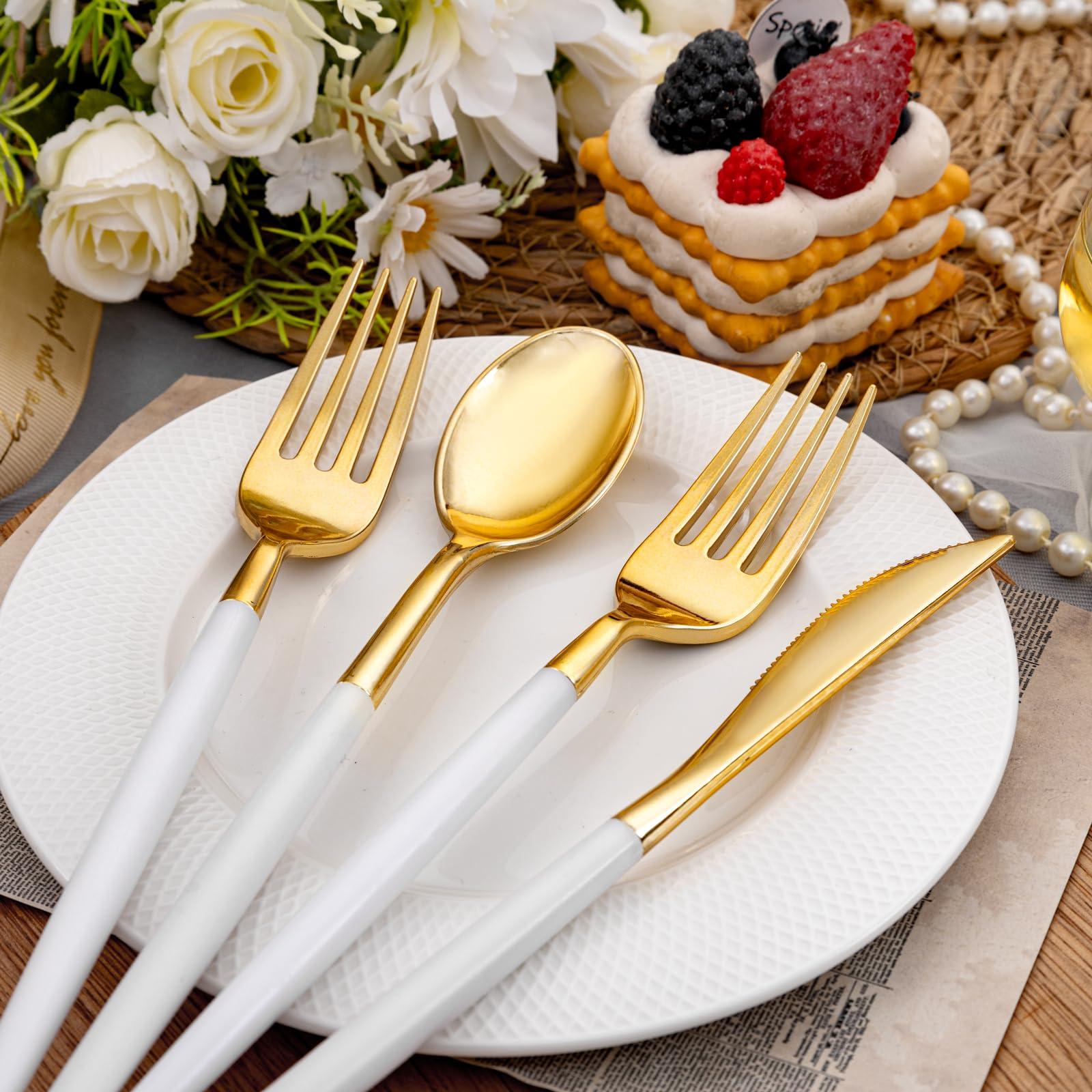 SUT Gold Plastic Silverware, 160Pcs Gold Utensils Set Disposable, 80 Gold Plastic Forks, 40 Gold Knives, 40 Gold Spoons, Gold Plastic Cutlery for Parties, Dinners, Weddings(White Gold) - Image 8
