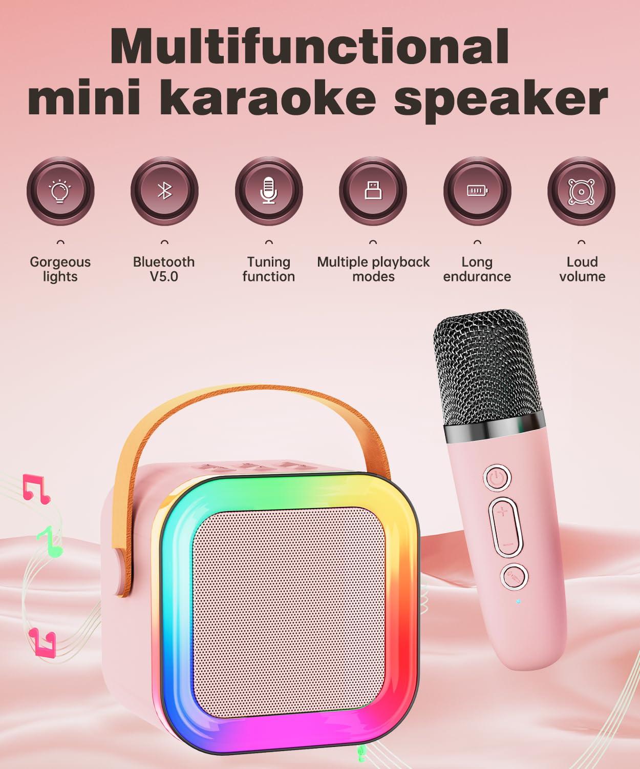 Mini Karaoke Machine Speaker for Kids Adults,Portable Bluetooth with 2 Wireless Microphones,Christmas Birthday Gifts Toys Girls Boys Ages 4, 5, 6,7, 8,9,10,11,12+ Years Old Toddler (Pink - 2 Mic) - Image 2