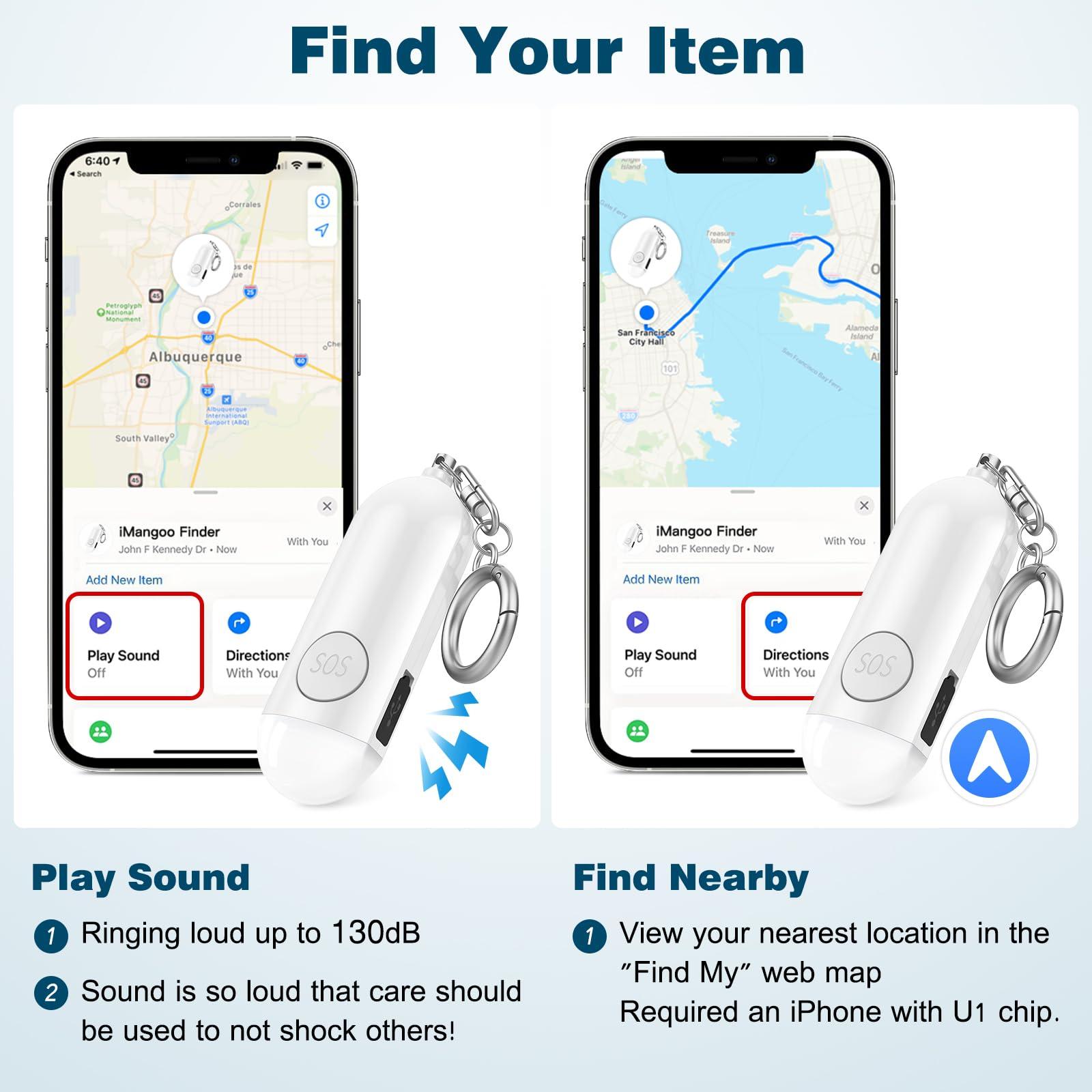 Personal Alarm for Women Rechargeable 130dB Loud Beeping Sound Siren LED Light Running Safety Keychain Finder Only for iPhone iOS Find My Air Smart Tag Locator Item Tracker Backpack Car Key Chains - Image 6