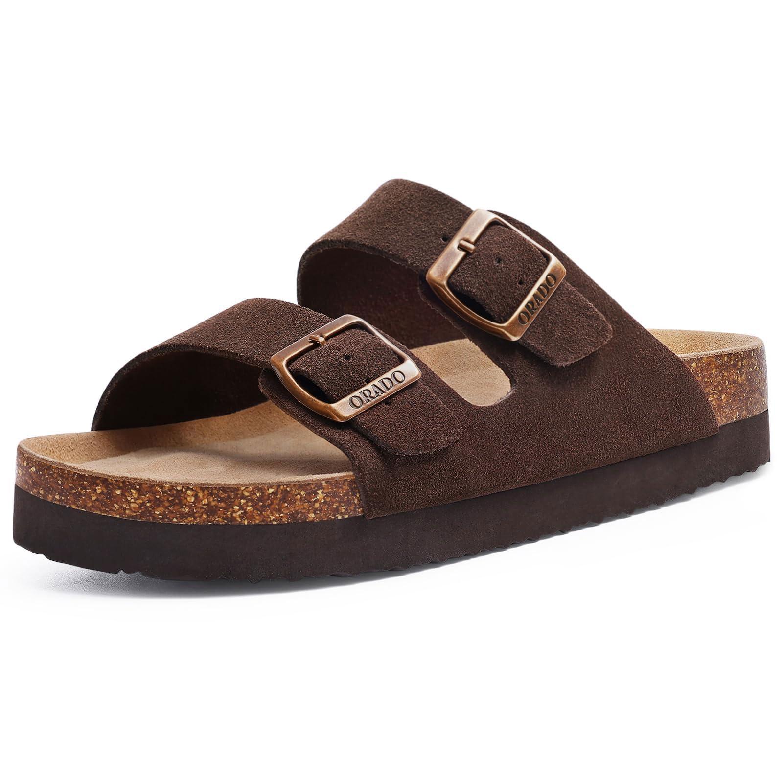 ORADO Platform Suede Sandals for Women Soft Cork Footbed Summer Slides with Adjustable Buckle
