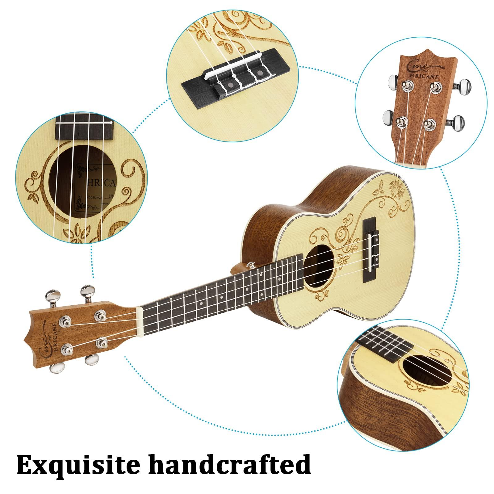 Hricane Concert Ukulele 23 Inch Spruce Flower Top Sapele Professional Ukuleles for Beginners with Bag, Digital Tuner, Strap, 4 Strings Set, Pick, Cleaning Cloth - Image 4