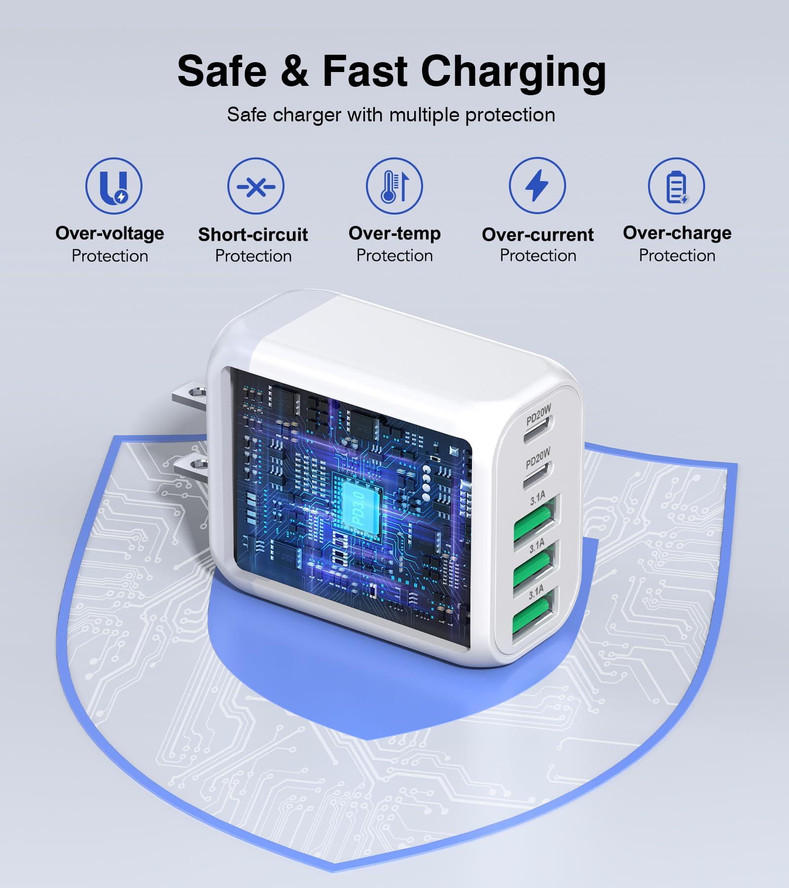 USB C Wall Charger Block, 2Pack 50W 5-Port C Charger Fast Charging Block PD Power Adapter +QC 3.0 Multiport Type C Box Brick Cube USB A Wall Plug for iPhone 16/15/14 Pro Max Plus, iPad,Samsung Galaxy - Image 3