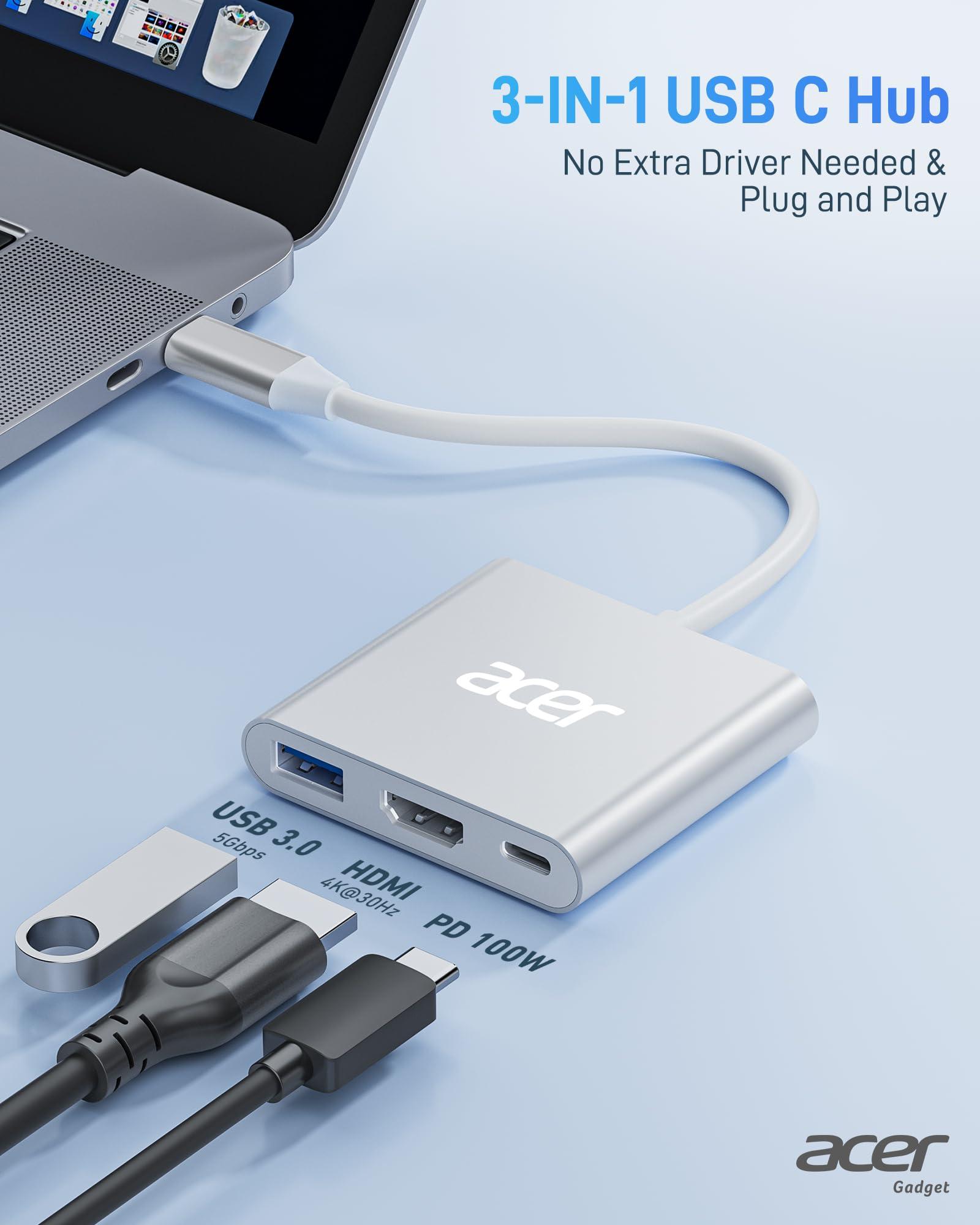Acer USB C to HDMI Adapter, 4K USB C Hub with 100W PD, USBA 3.0 Port, HDMI to USBC Multiport Digital AV Converter for MacBook Pro/Air, iPad, Tablets, Switch, TV, Monitor and More (Silver) - Image 2