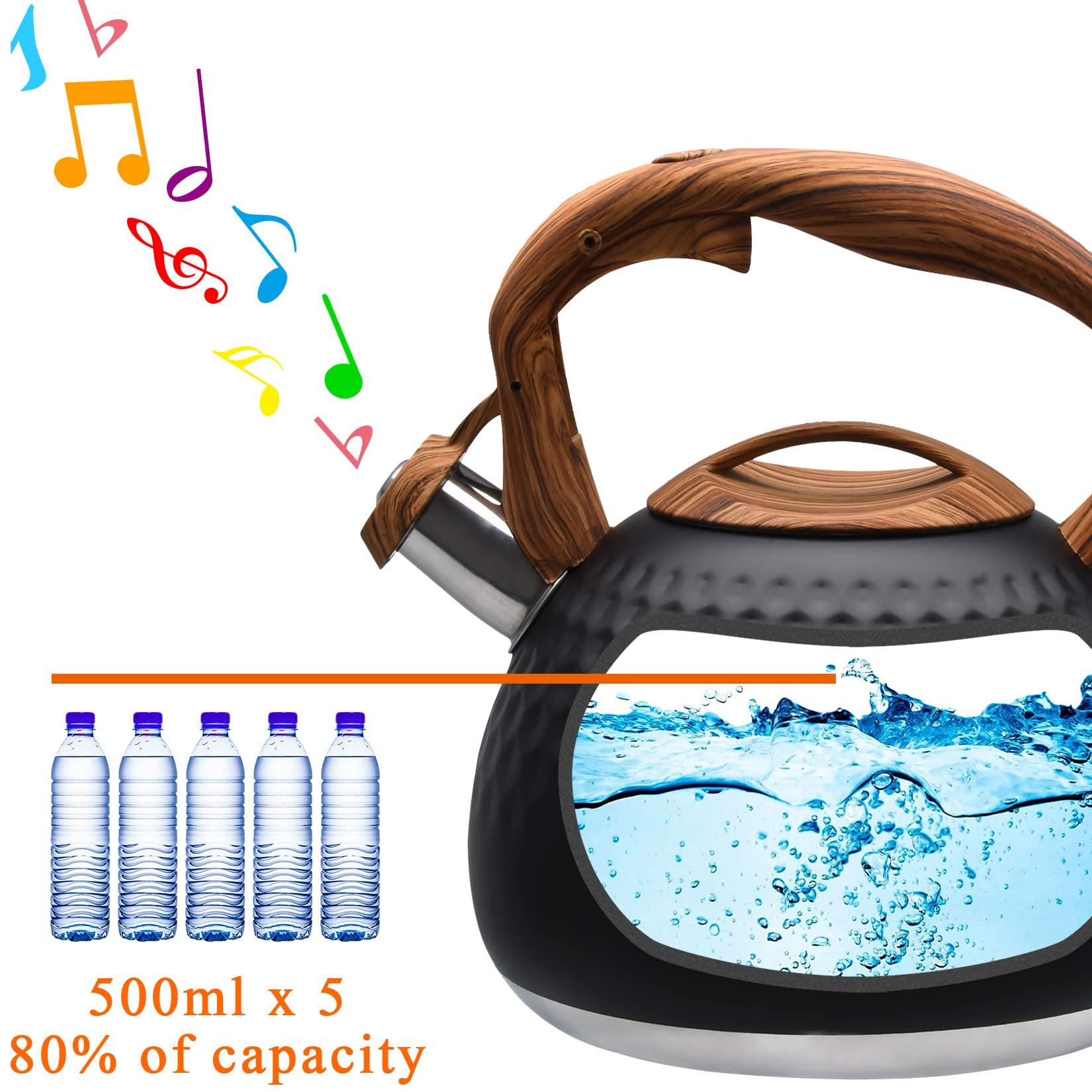 GGC Tea Kettle for Stove Top, Loud Whistling Kettle for Boiling Water Coffee or Milk, 3.1 Quart 3L Heavy Stainless Steel Black Kettle with Wood Pattern Handle, Unique Button Control Kettle Outlet - Image 4