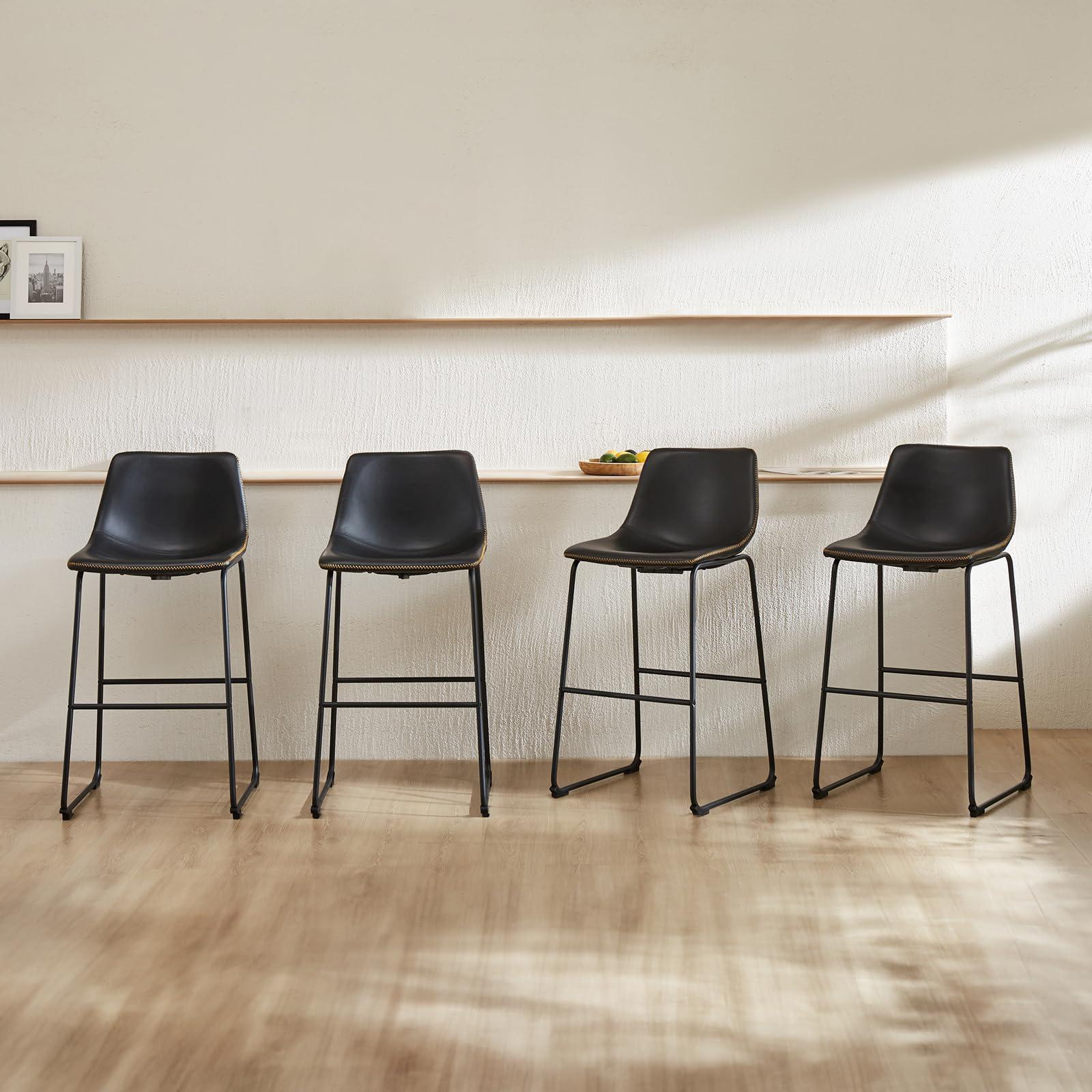 DUMOS 26 Inch Counter Height Bar Stools Set of 4, Modern Faux Leather High Barstools with Back and Metal Leg, Bar Chairs for Kitchen lsland, Elegant Black