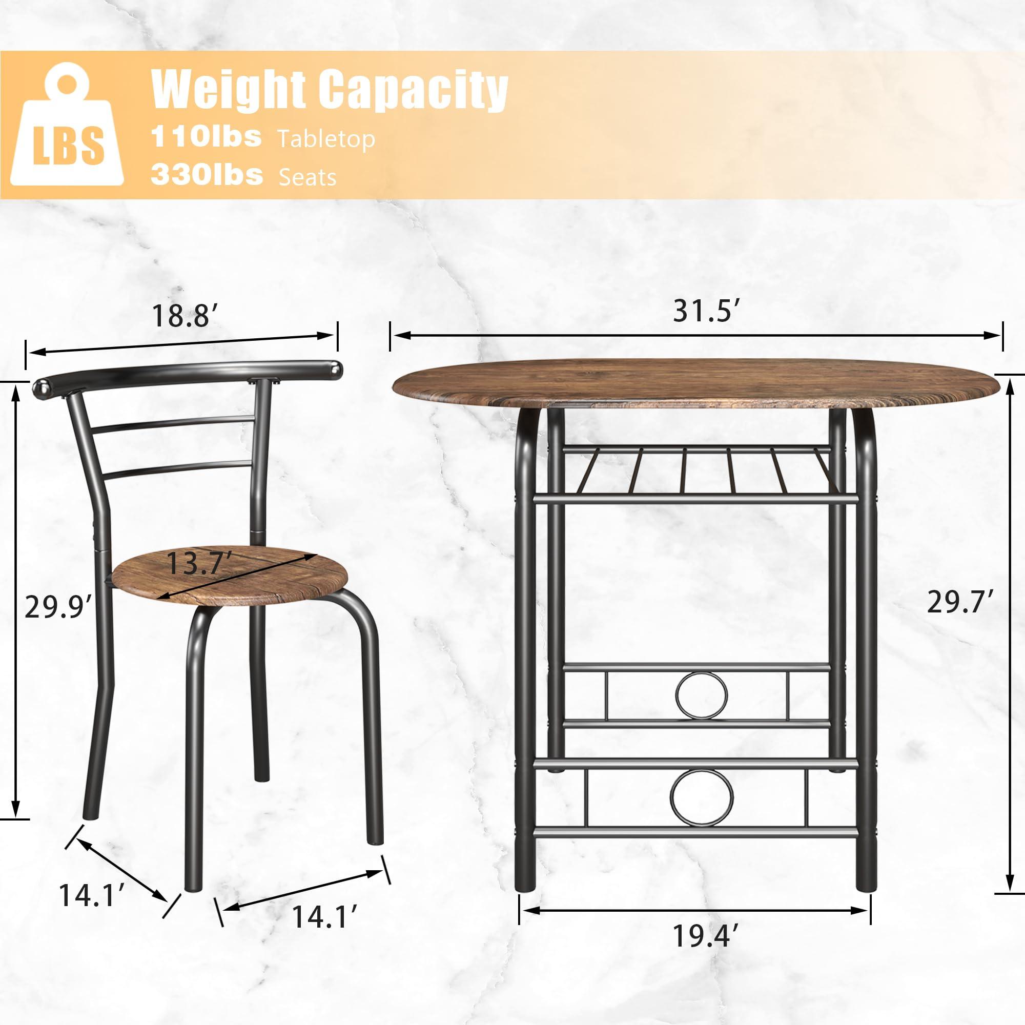 JUMMICO 3-Piece Wooden Round Table & Chair Set, Space Saving Kitchen Breakfast Nook Wood Grain Tabletop with Metal Frame and Built-in Wine Rack for Kitchen, Dining Room (Brown/Black) - Image 3