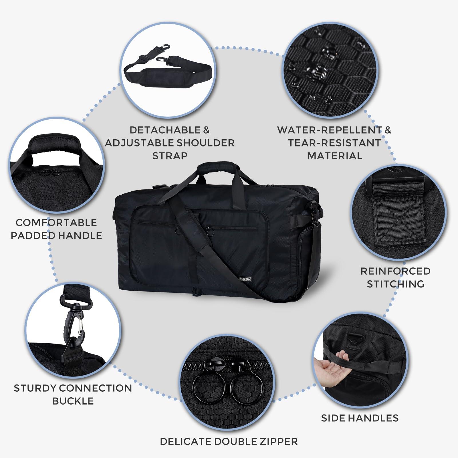 Fmeida 65L Duffle Bag with Shoes Compartment, Foldable Travel Duffel Bags for Men Women, Large Packable Travel Bag Water Repellent & Tear Resistant (Black) - Image 7